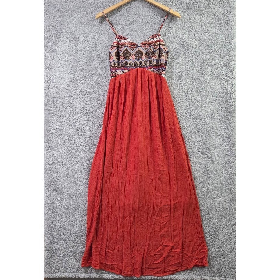 Xhilaration Boho Maxi Dress Women’s Medium Rust Orange Paisley Smocked Lined