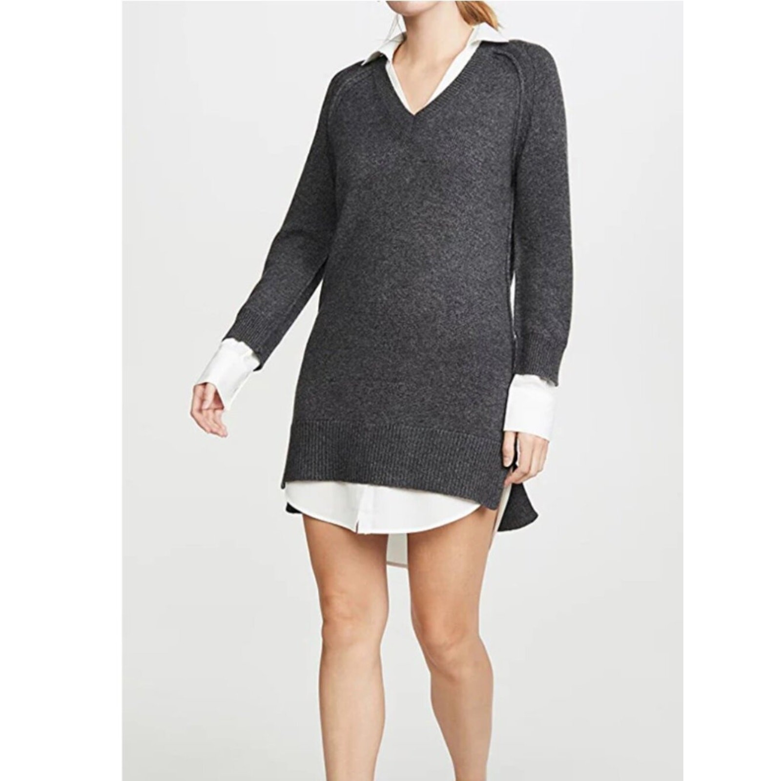 NWT Brochu Walker Looker Vee V-Neck Charcoal Wool Cashmere Sweater Dress Small