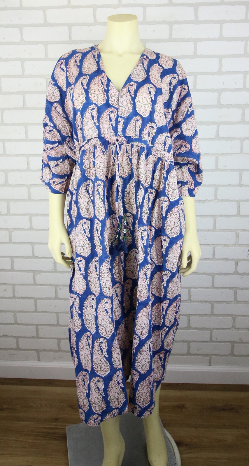 ANOKHI Maxi Dress One Size Cotton Blue Paisley Belted V Neck