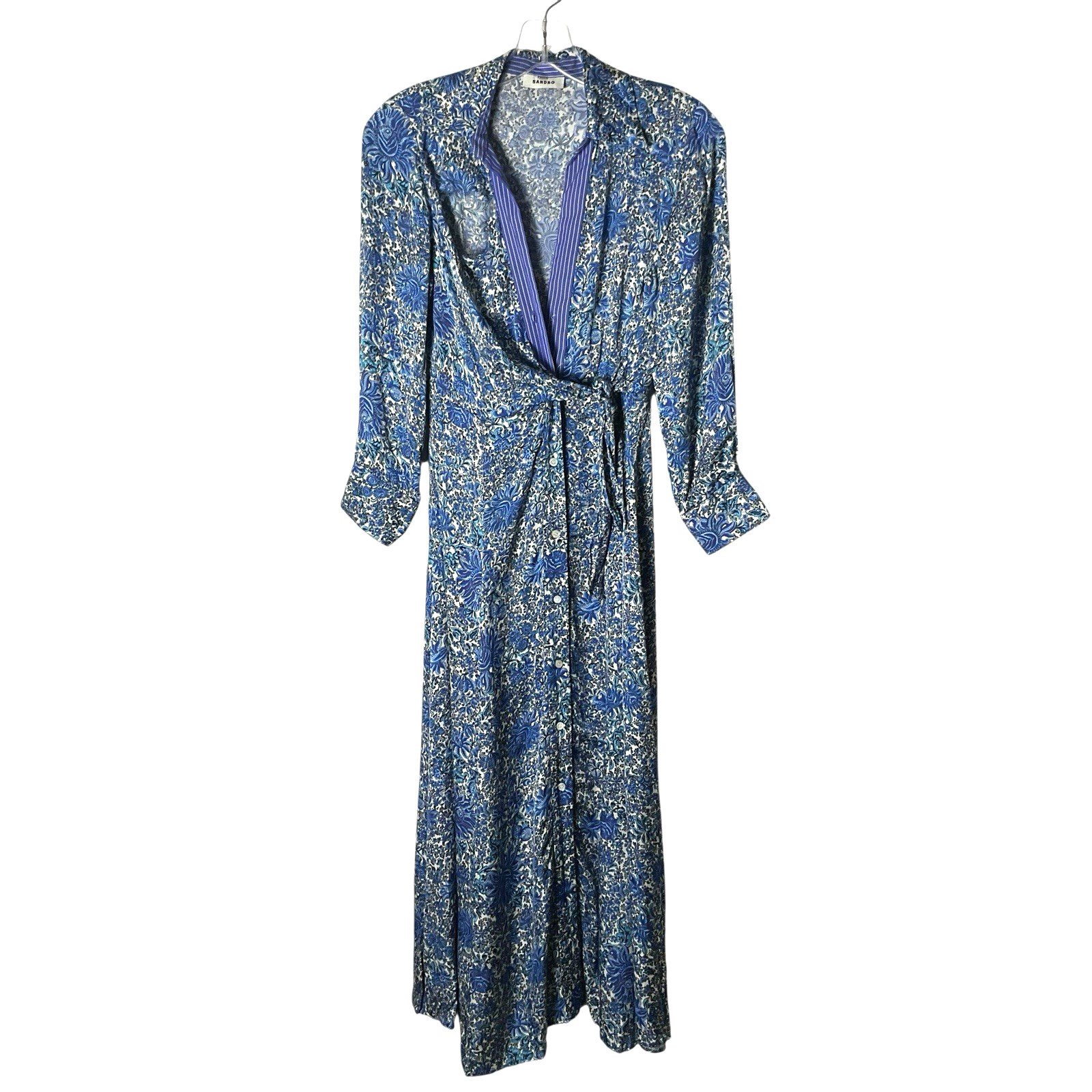 Sandro Dress Size 0 Blue Floral Wrap Midi 3/4-Sleeve Collar Tie *READ FLAW*