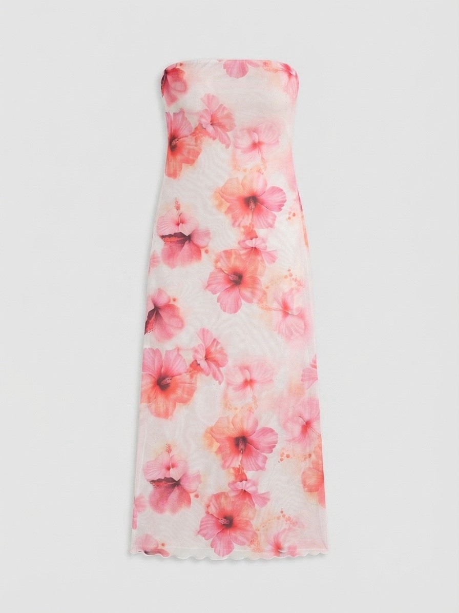 Women’s Pink/White Floral Strapless Tube Maxi Dress Long Sleeveless Pullover M