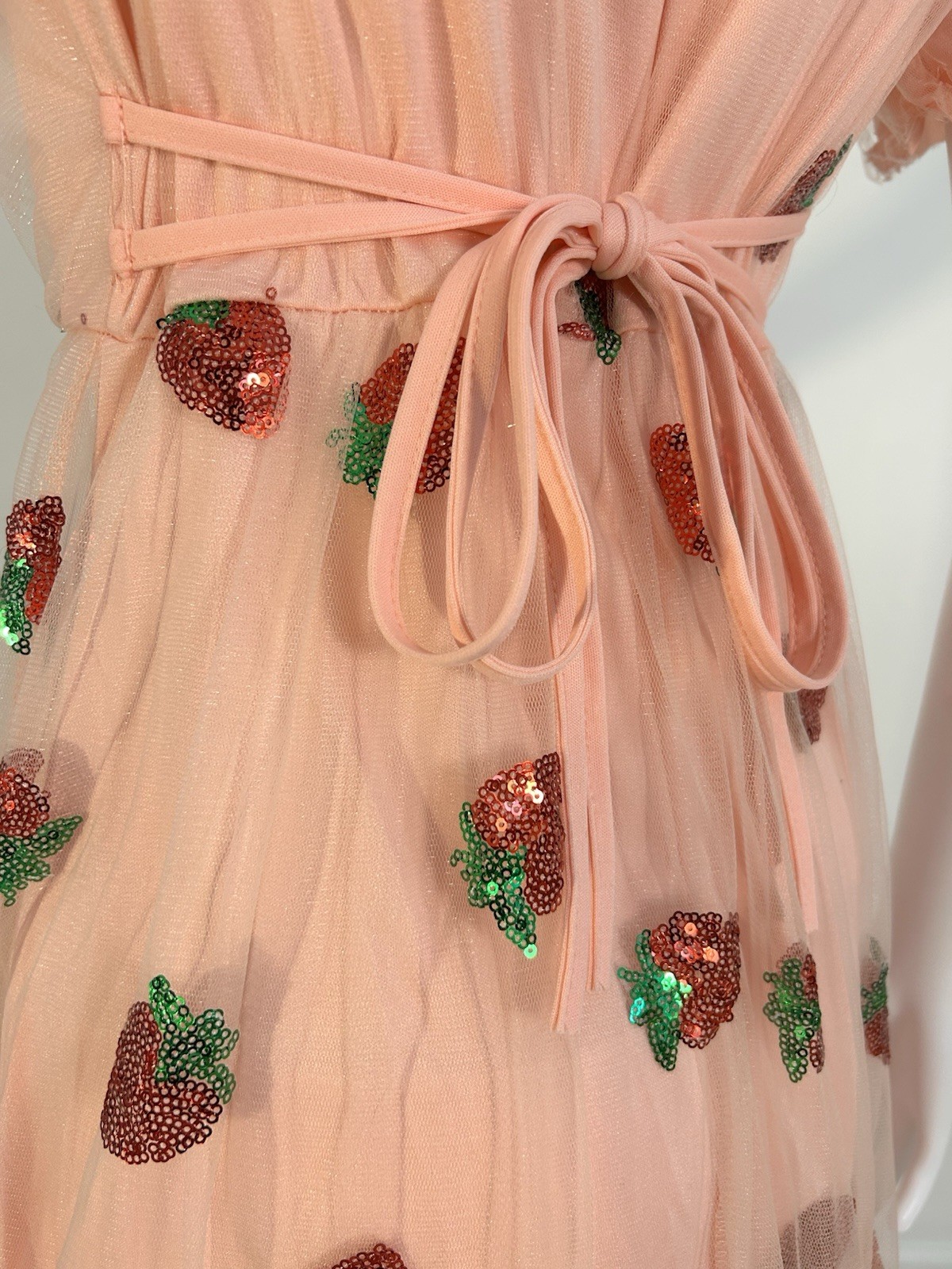 M Strawberry Tulle Dress Womens Pink Sequin Mesh Short Sleeve V Neck Maxi 2026