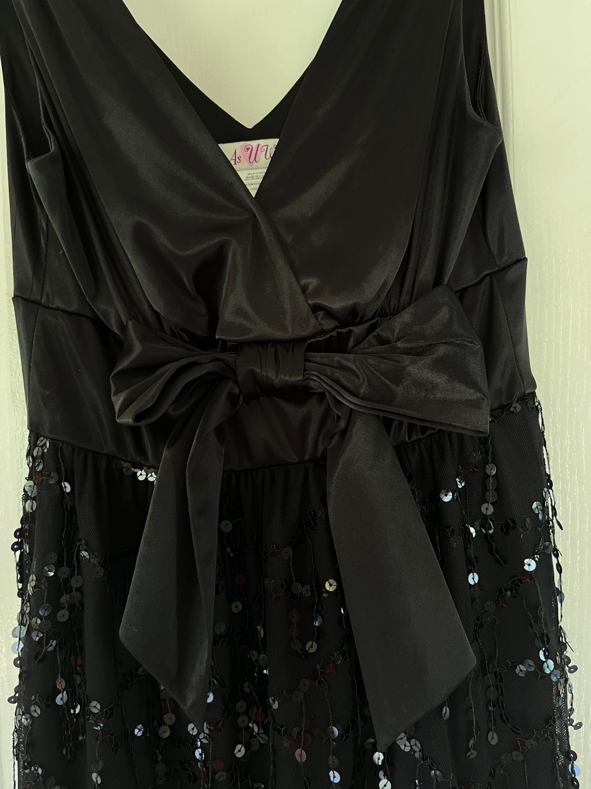 As U Wish Black Sequin Tassel Fringe Bow Empire Waist Size Small