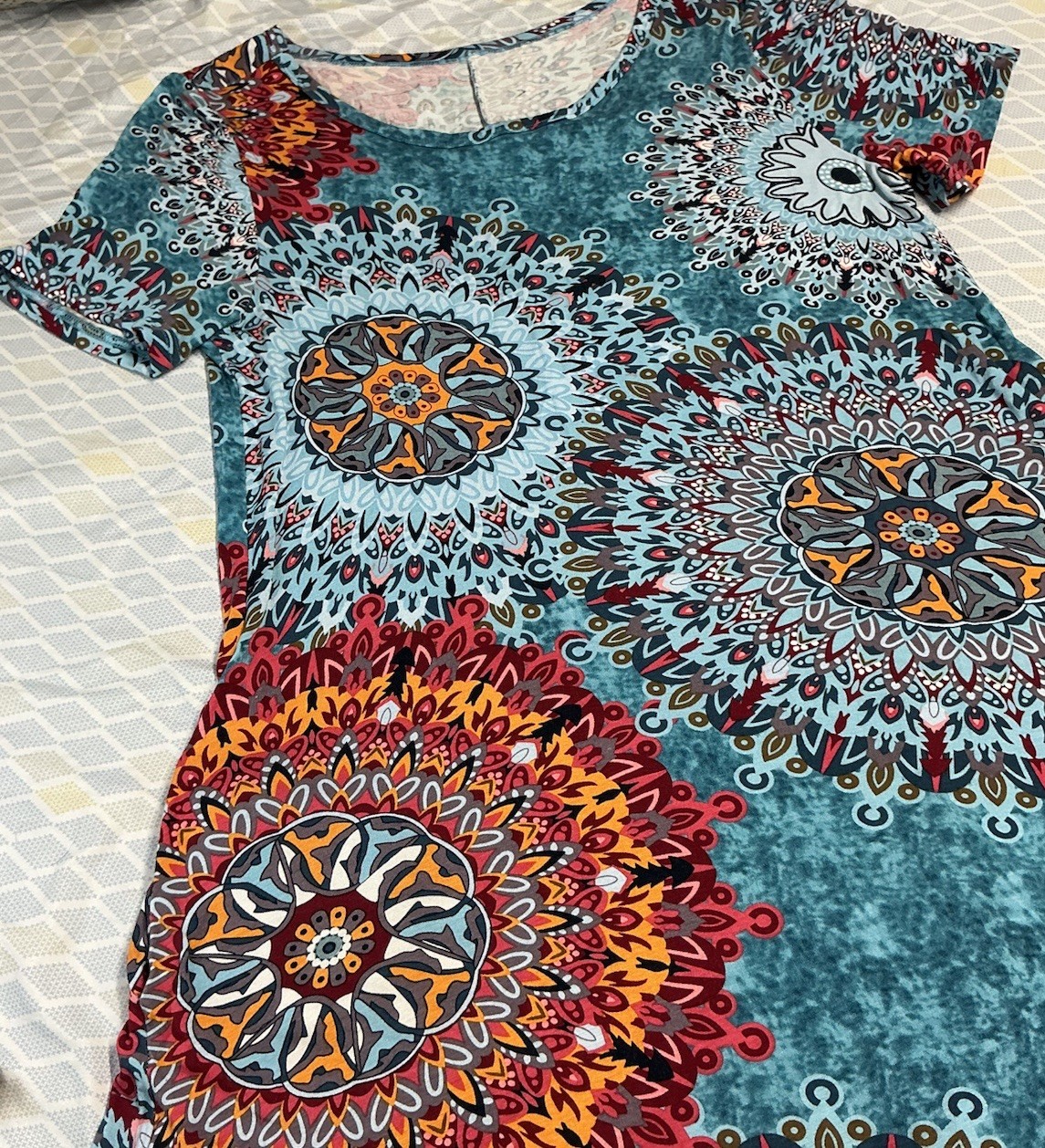 WOMENS Shift T-Shirt Dress Multicolor Geometric Vibrant Boho Hippie Pockets M/L