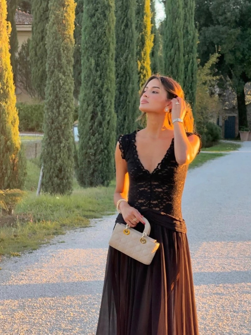 2026 Spring/Summer Evening Gown V-neck Chiffon Maxi Dress Off-the-Shoulder Lace