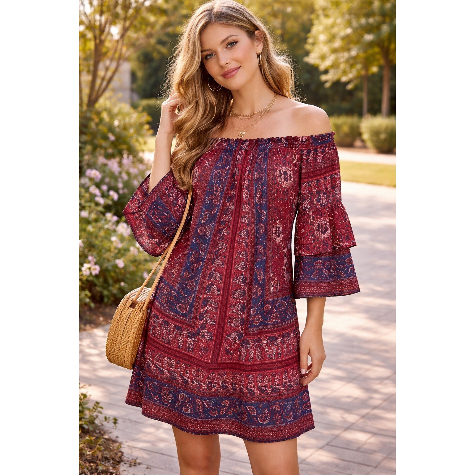 KUT from the Kloth Mini Dress Red Blue Boho Floral Off-the-Shoulder – M