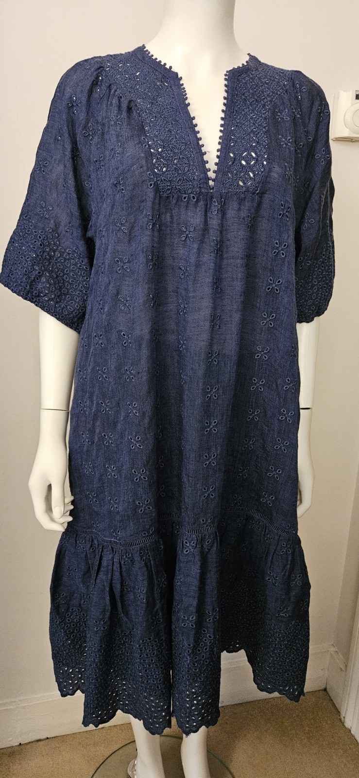 0039 ITALY navy blue 100% linen fully embroidered Maibelyn dress M bnwot rrp£250