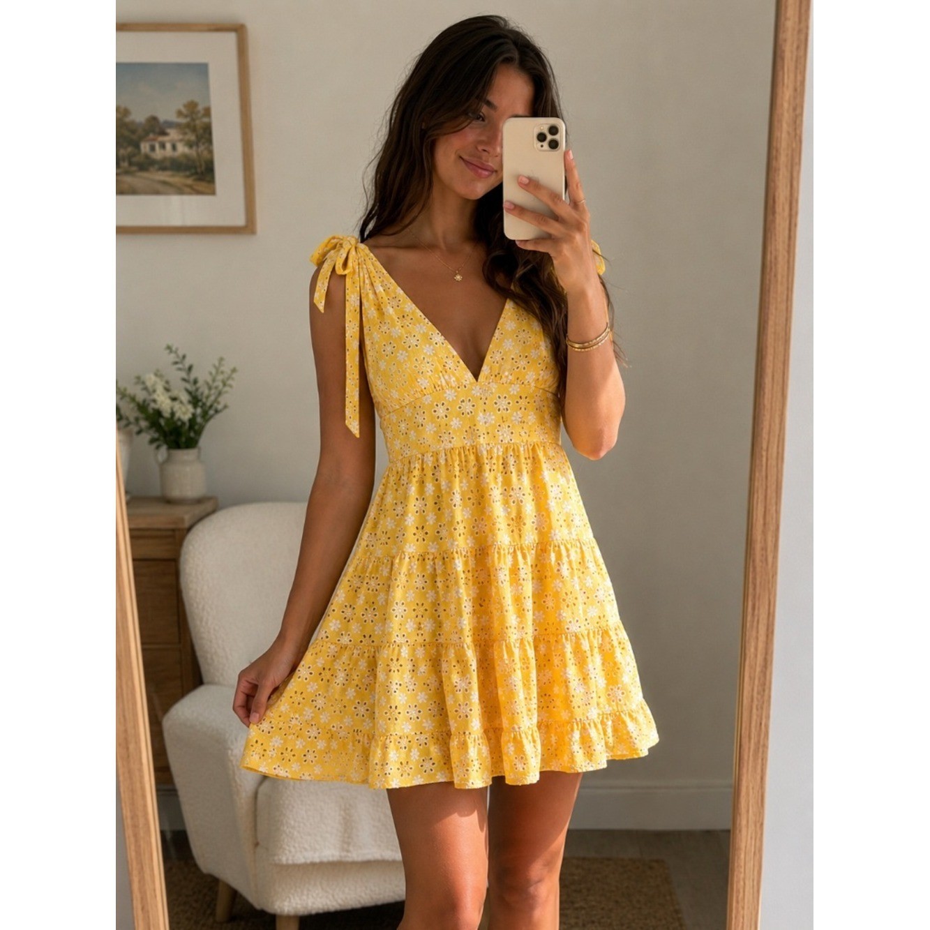 Sunny Yellow Eyelet Tie-Shoulder Dress