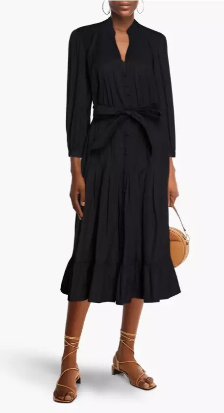 Veronica Beard Dress 14 Black Midi Button Belted Izie V Prairie Lined Boho