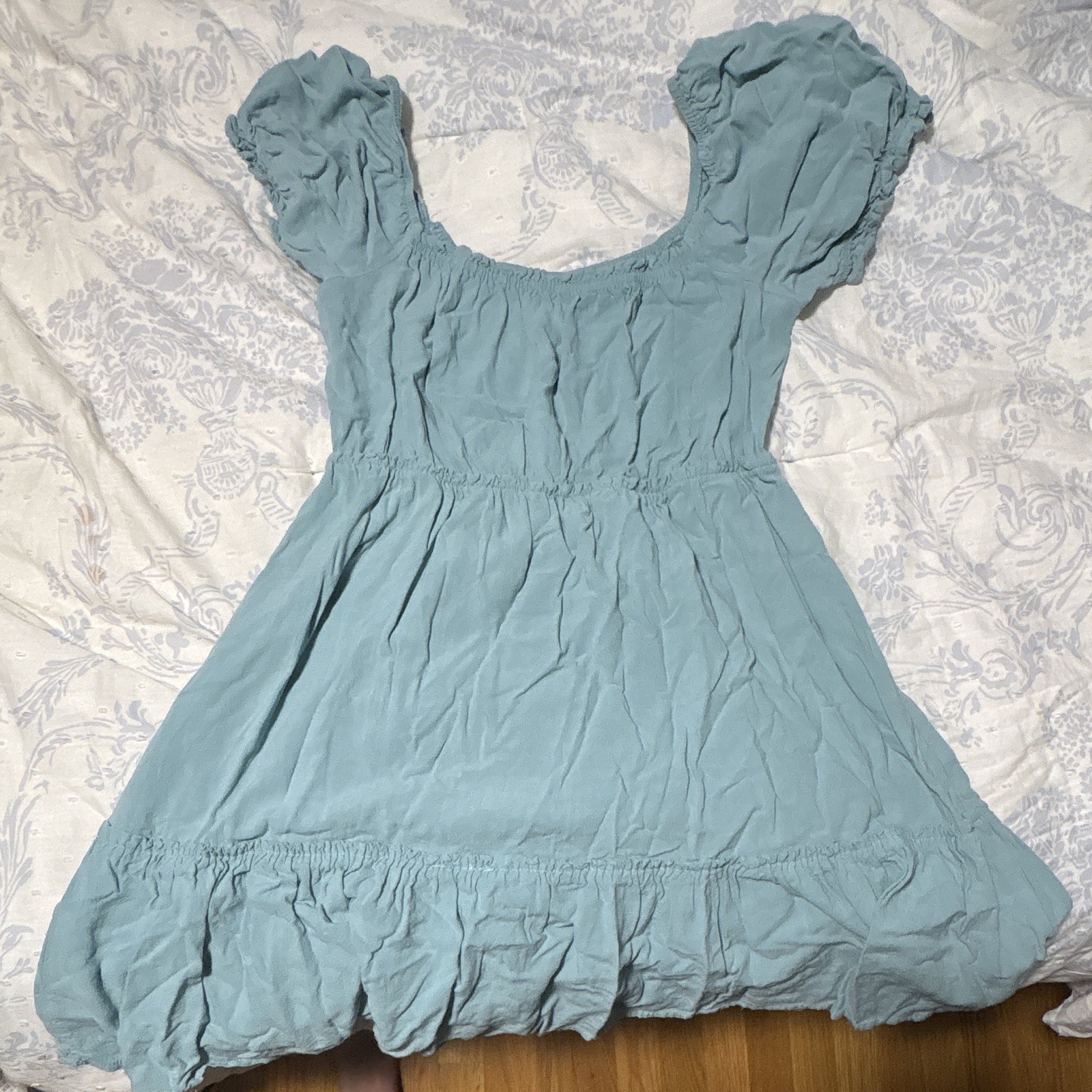 Rewind Women’s Blue Solid Smocked Puff Sleeve Ruffle Hem Mini Dress M