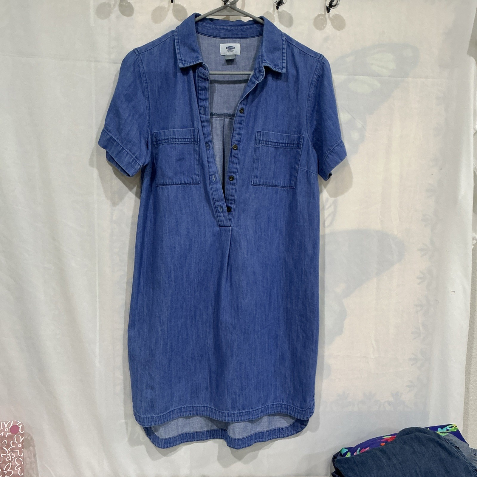 Old Navy Women’s Size S Blue Denim Solid Collared Shirt Dress Pockets