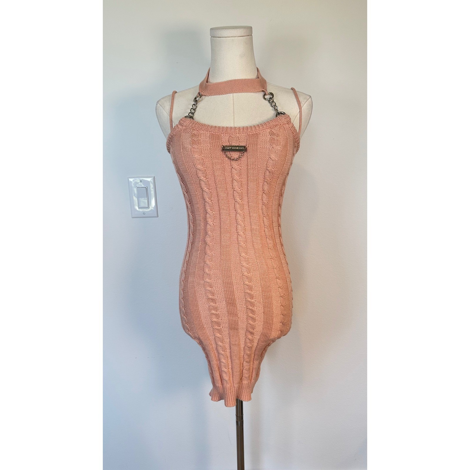 Loft Generale Y2K Pink Cable Knit Bodycon Mini Dress Chain Halter Cybercore Rare