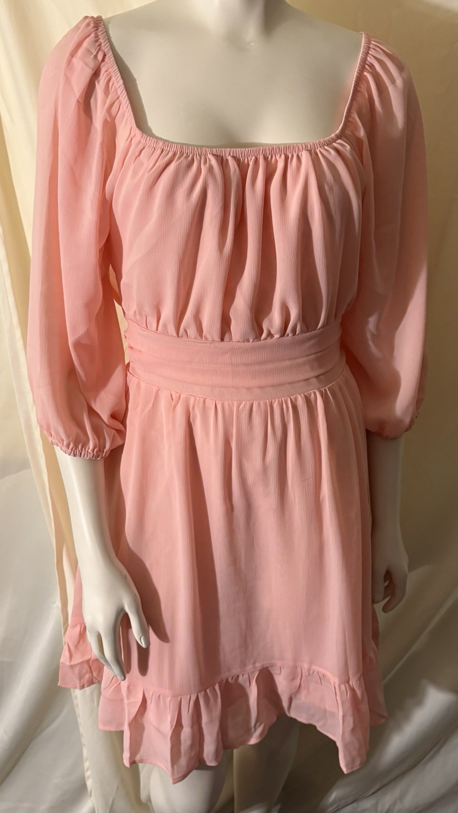 Dokotoo Pink Square Neck Smocked Ruffle Mini Dress Tie Back Puff 3/4 Sleeve M