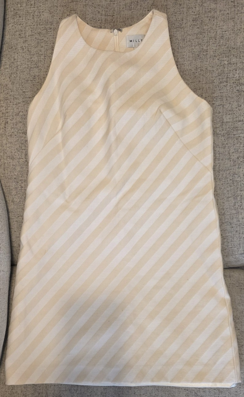 MILLY Shift Dress Womens 4 Ivory/Beige Striped Cotton Twill Lined Zip