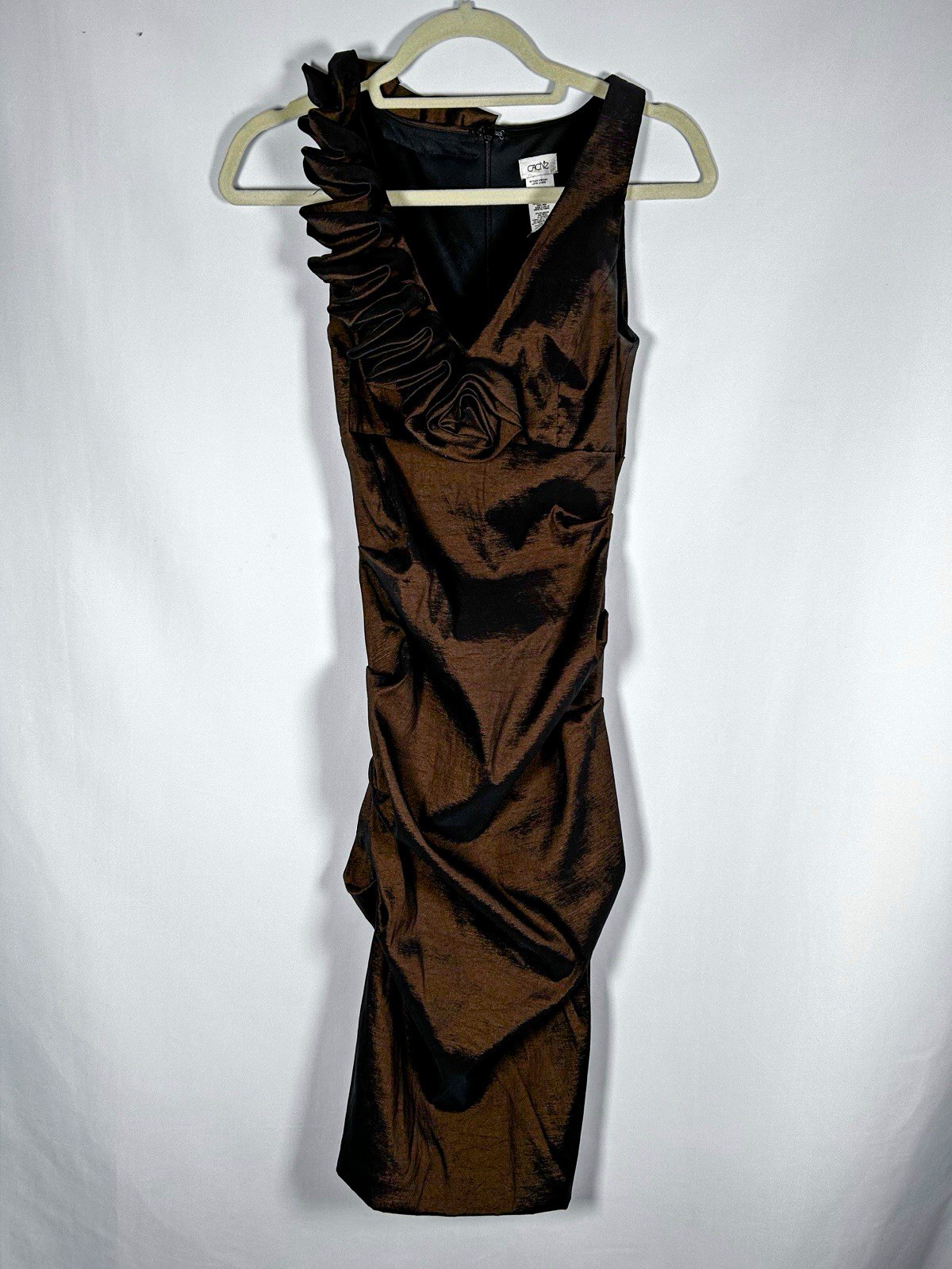 Vintage Caché Metallic Espresso Bronze Ruched Rosette Asymmetrical Dress Y2K