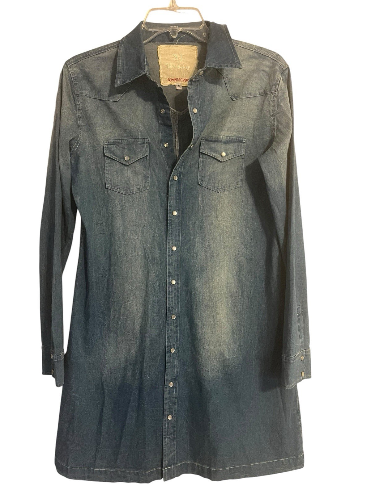 Johnny Was 3J Workshop Denim Chambray Shirt Dress Western Snap Blue I Small