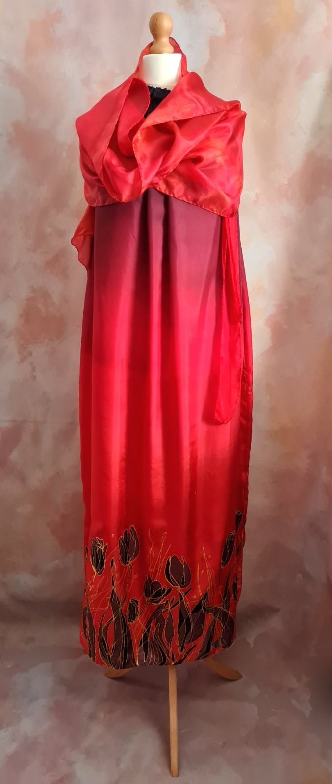 Bespoke Hand Painted Signed Silk Red/Black Tulips Summer Party Dress with Shawl