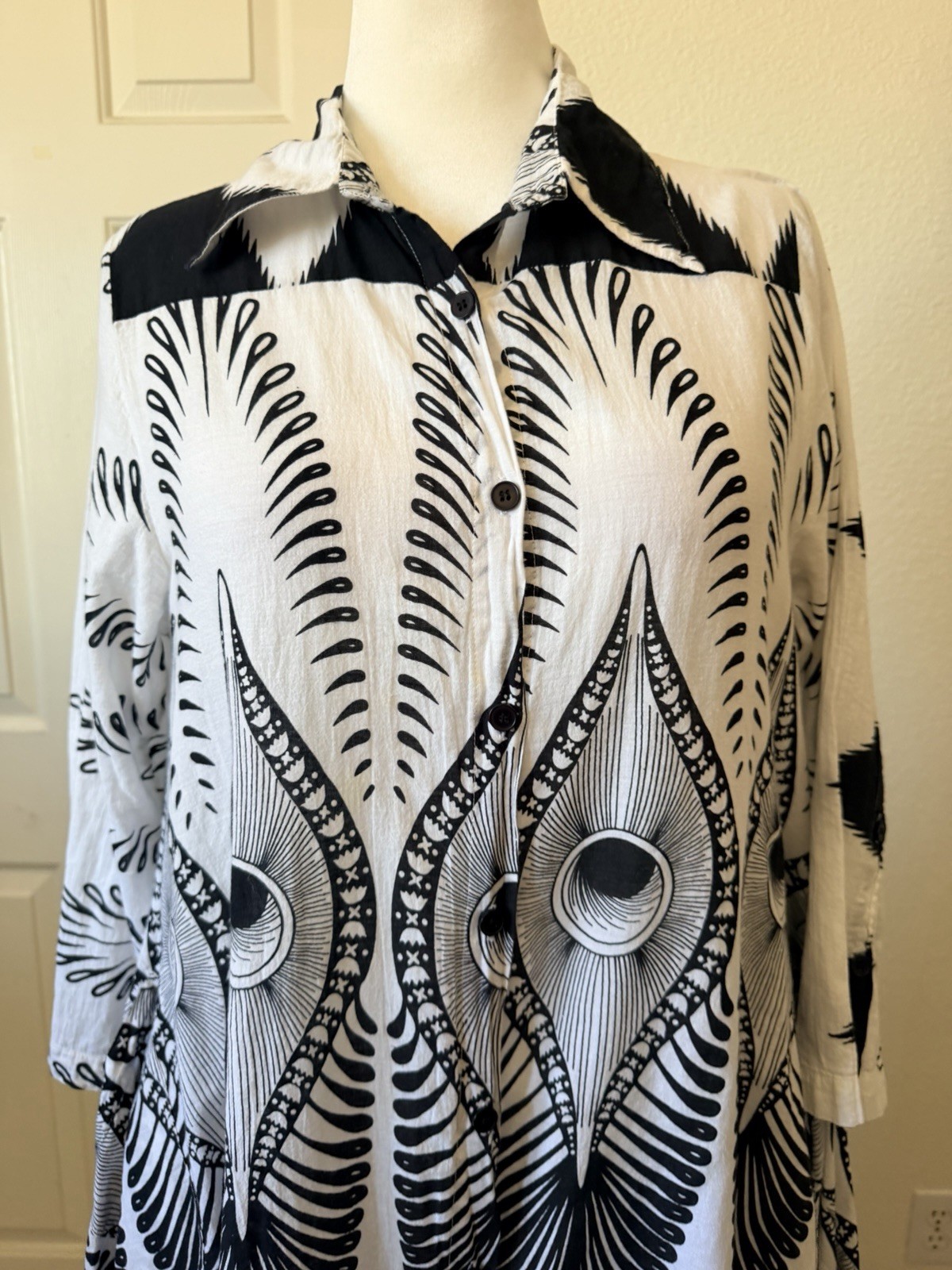 Step In Style 1X Black White Button Front Shirt Dress Cotton Boho Midi