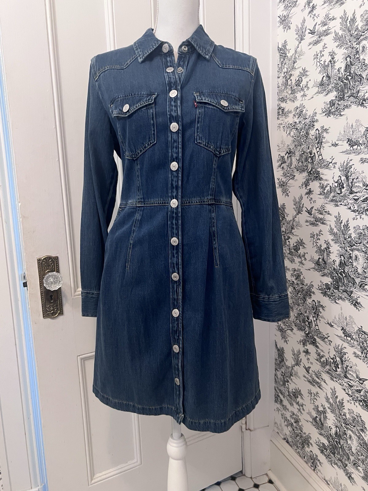 Levi’s Flynn Denim Dress Long Sleeve Button Down Collared Western A-Line Size M