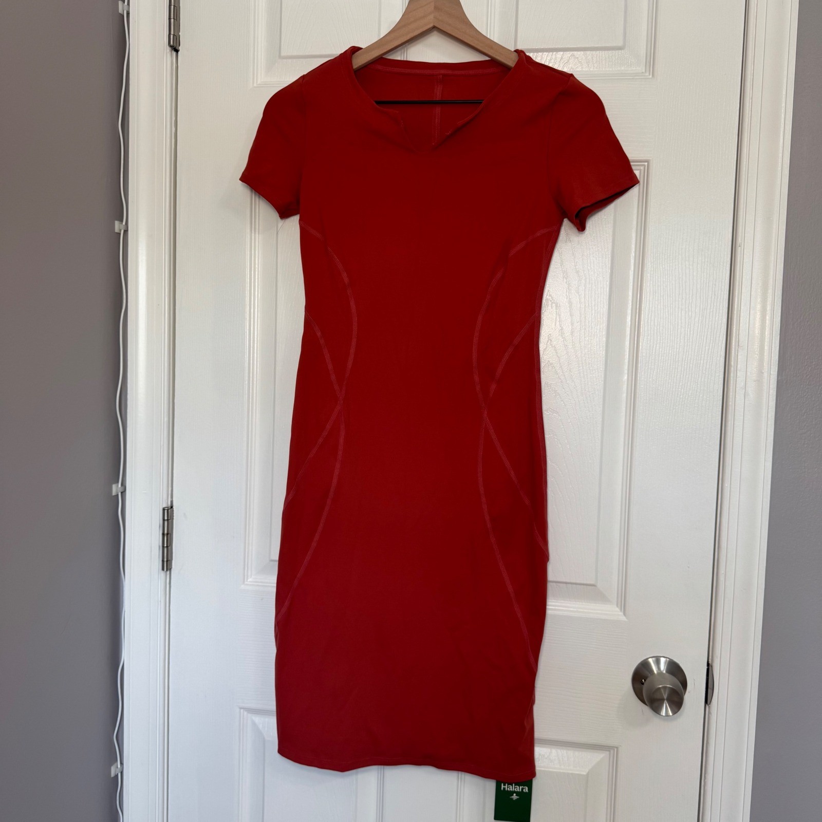 NWT Halara Dress Rust Orange Red Short Slv V-Notch Neck Bodycon Athletic XS