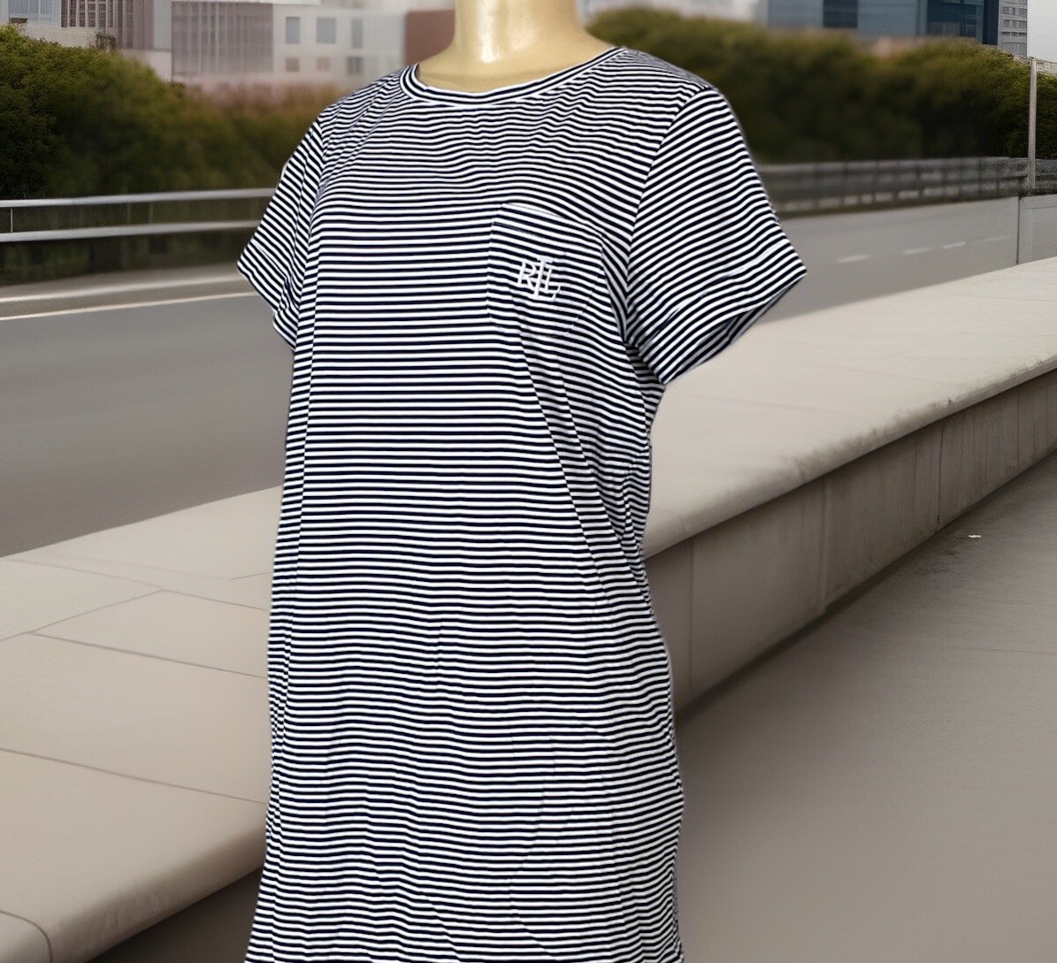 Lauren Ralph Lauren T-Shirt Dress Women Sz S Blue White Striped Front Pocket RLL
