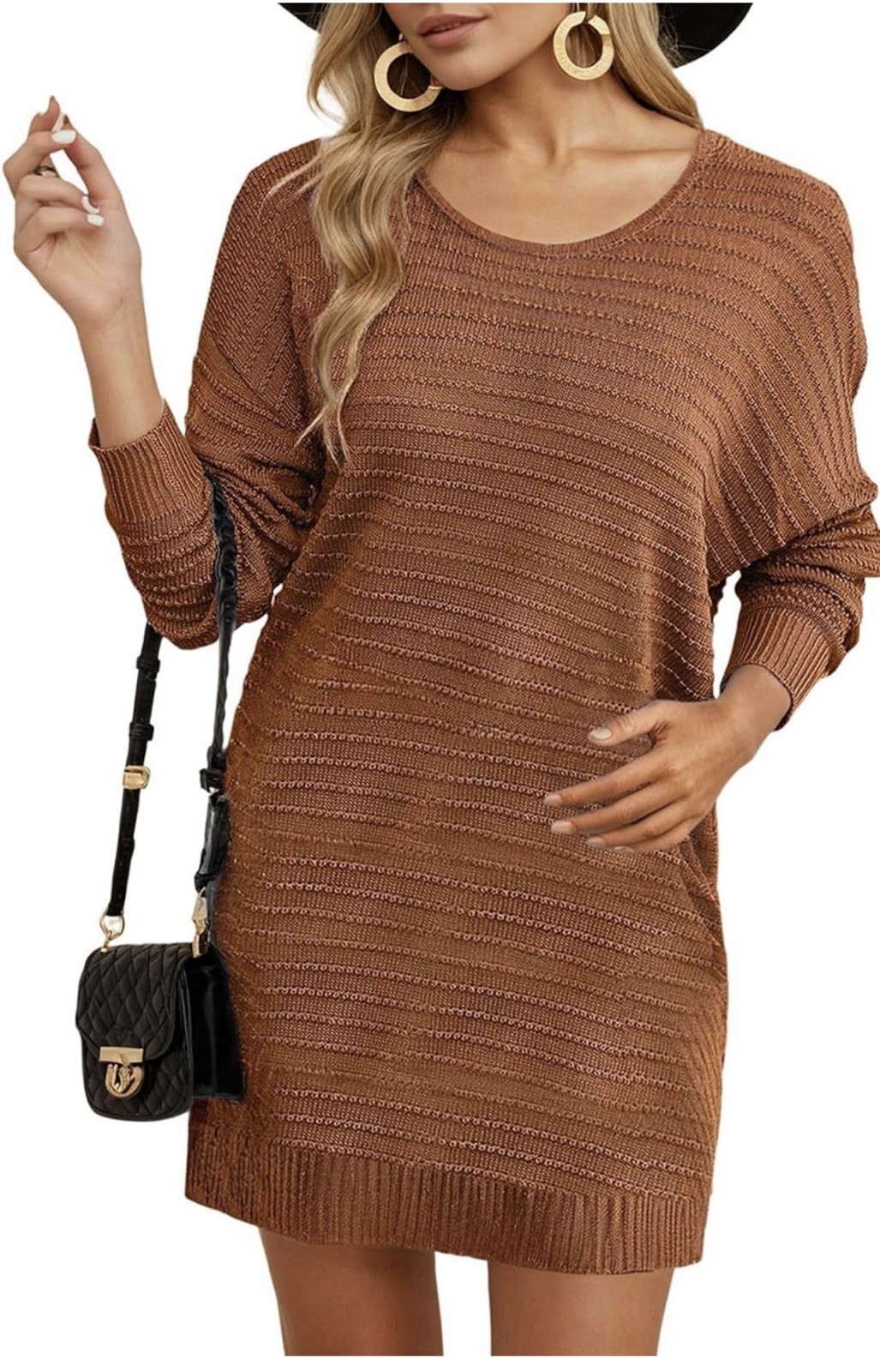 Women’s Brown Solid Ribbed Knit Sweater Dress Round Neck Long Sleeve size M