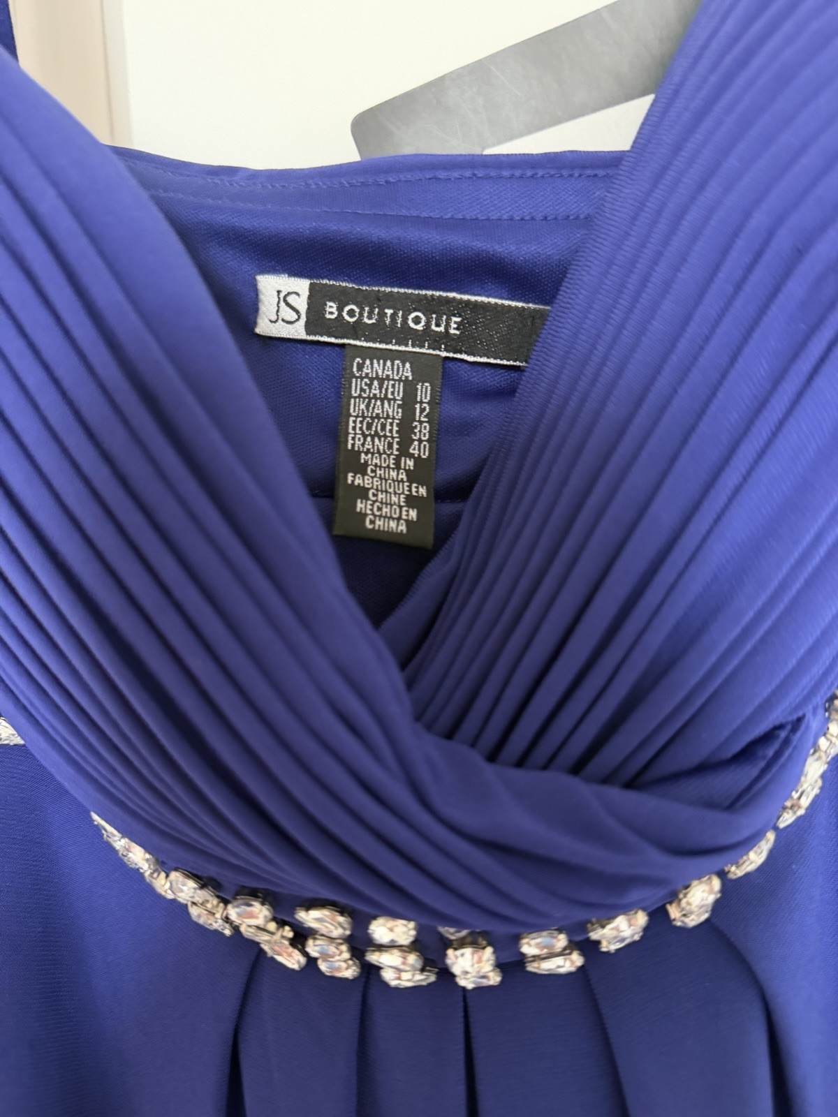 JS Boutique 10 Blue Rhinestone Beaded Pleated V-Neck Strappy Maxi Dress