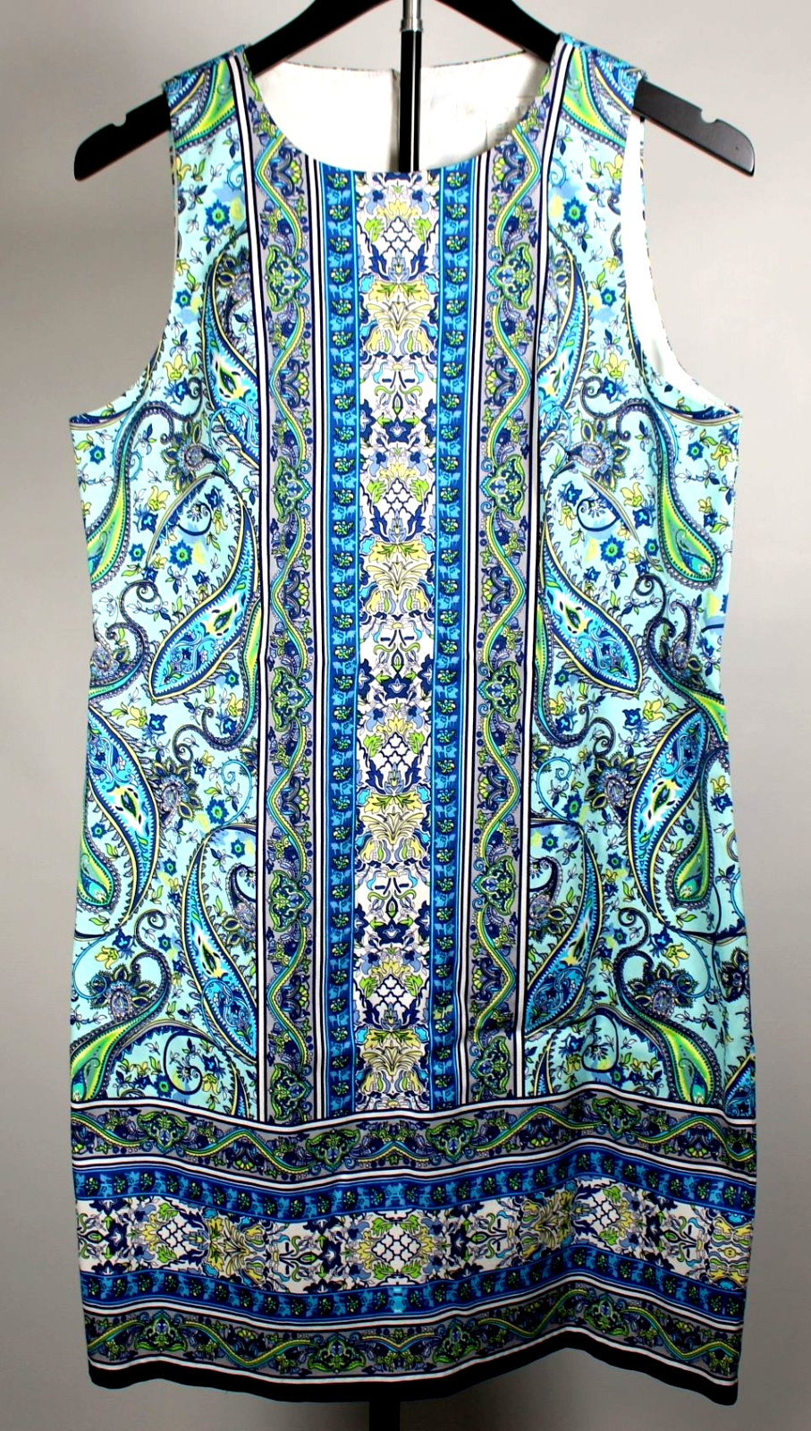 London Times Sleeveless, Blue & Multicolor Paisley Dress, Sz 8, 28″B, 17.5″W