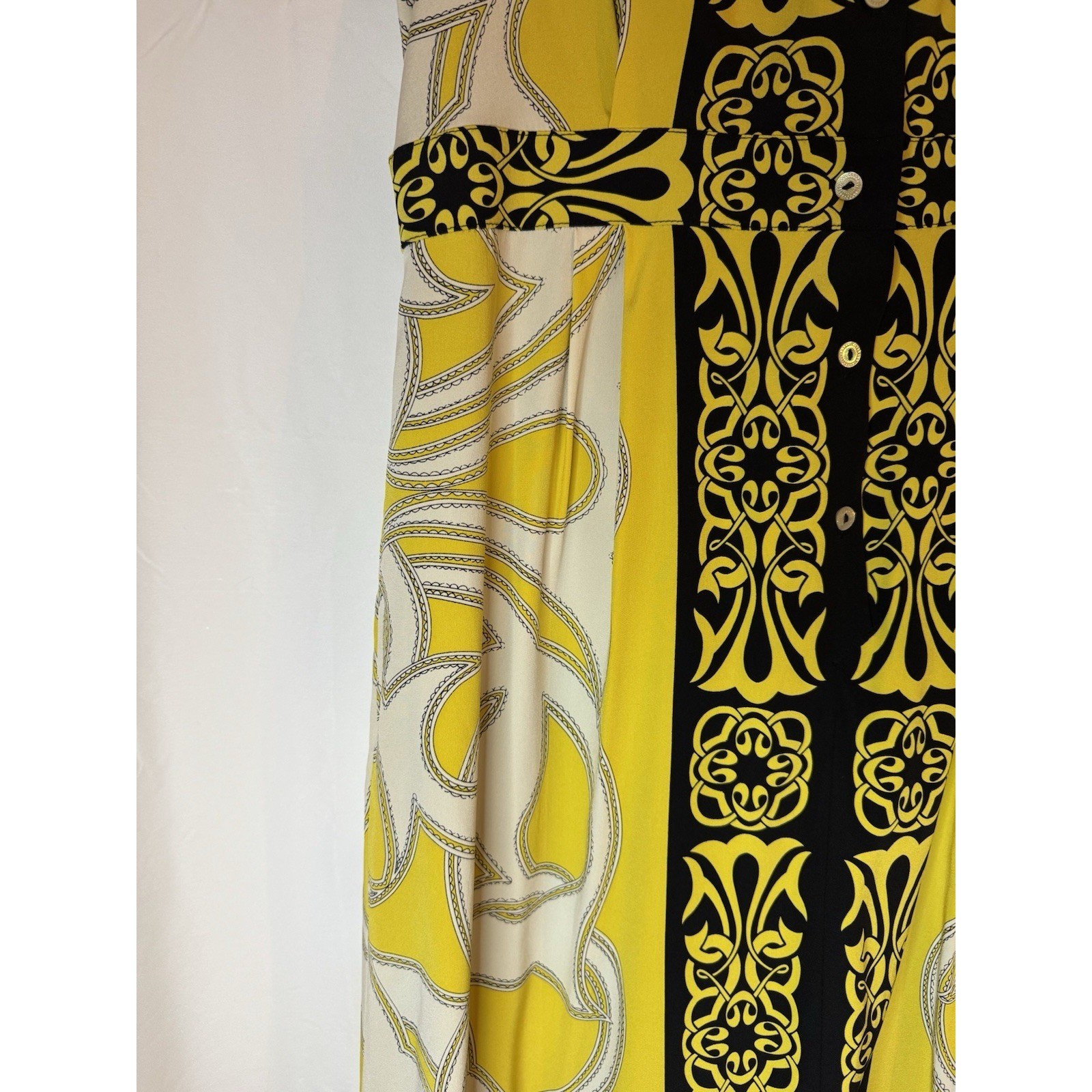 Nicole Miller Collection Yellow Silk Blend Geometric Print Button Front Dress L
