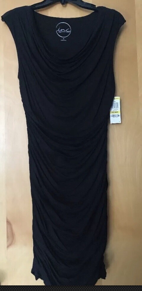 INC Macys Ruched Body Conscious Dress Deep Black Petite Medium New w/Tags