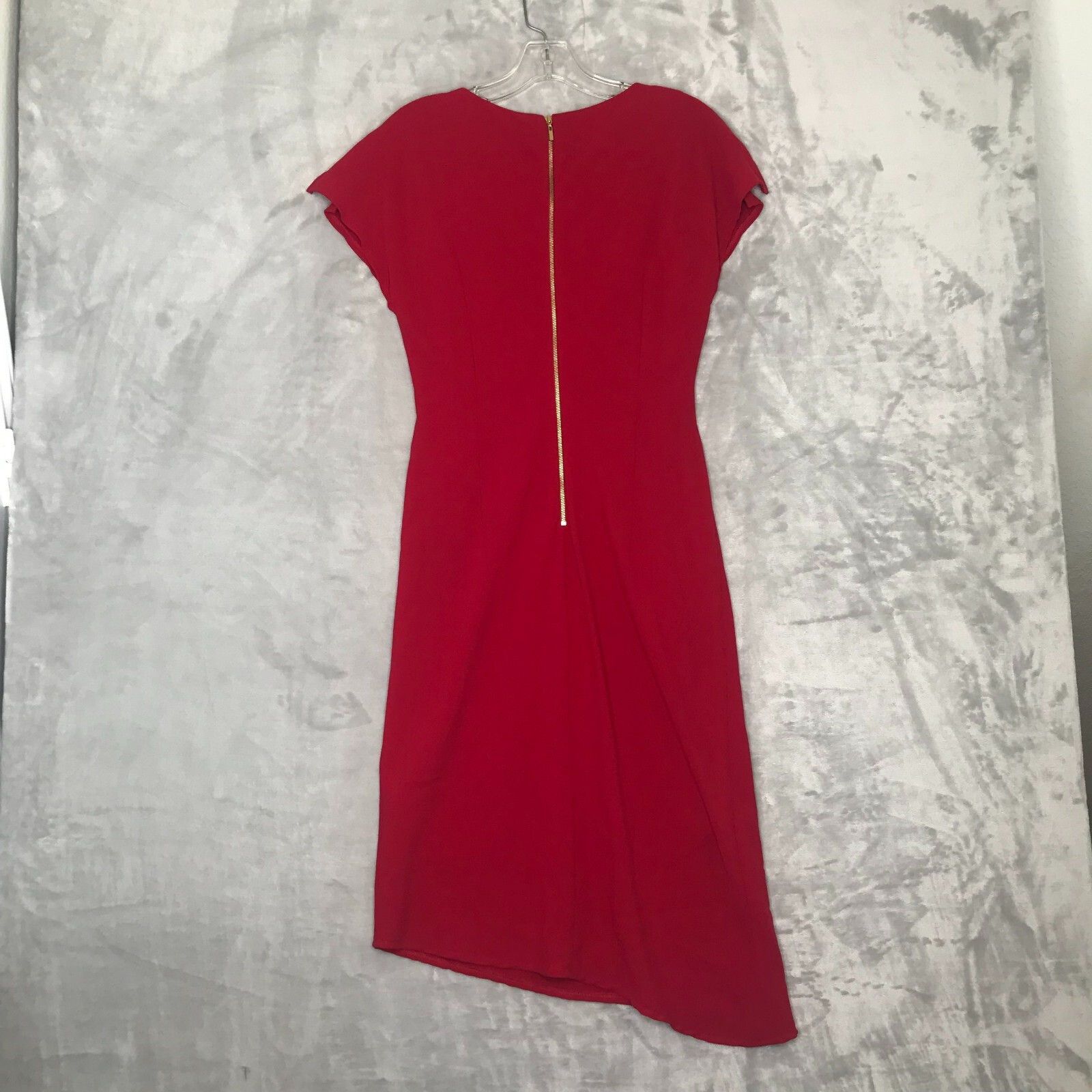 Tahari Dress Womens 6 Red Sheath Split Cap Sleeve Ruched Waist Asymmetric Hem