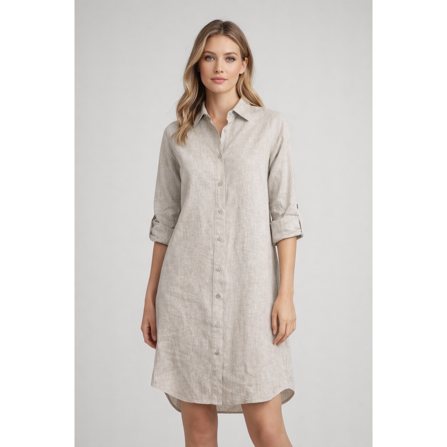 Karen Kane Dress 100% Linen Oatmeal Roll Tab Sleeve Button Front Shirt Small