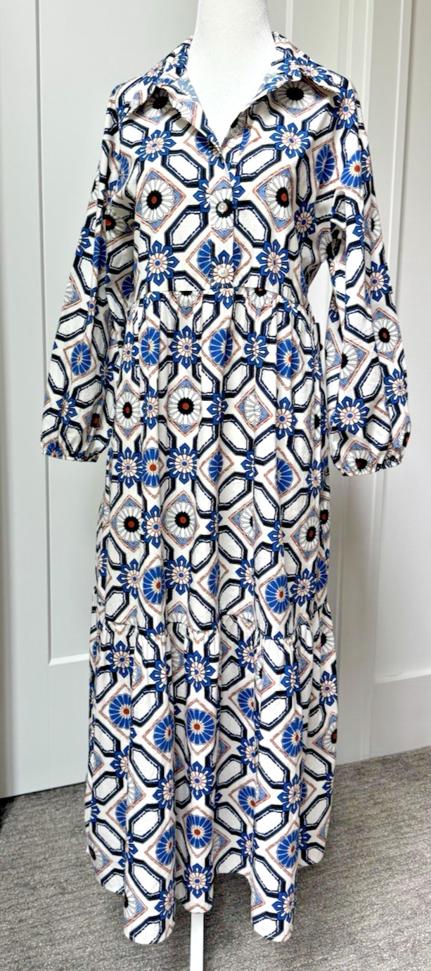Anthropologie Maeve Bettina Tiered Shirt Dress Tile Print Size Small 100% Cotton