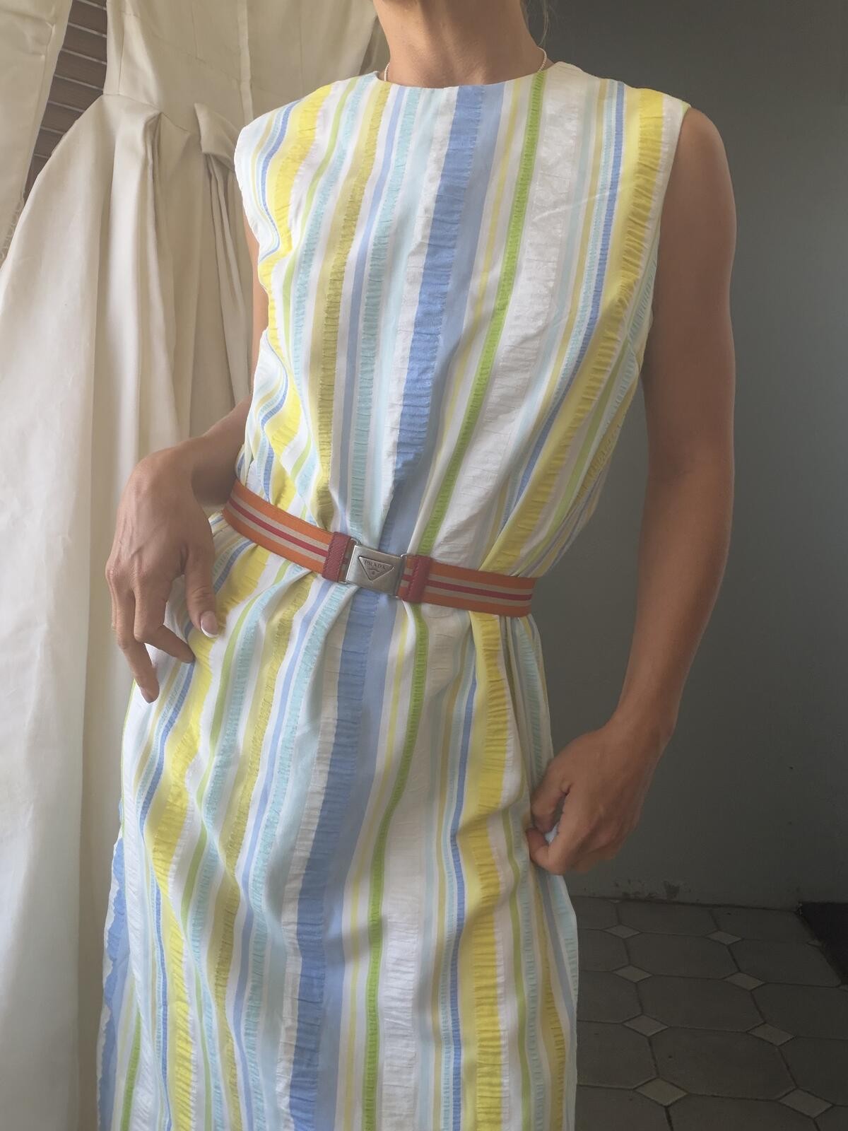 Sleeveless Striped Midi Dress Multicolor Cotton Blend