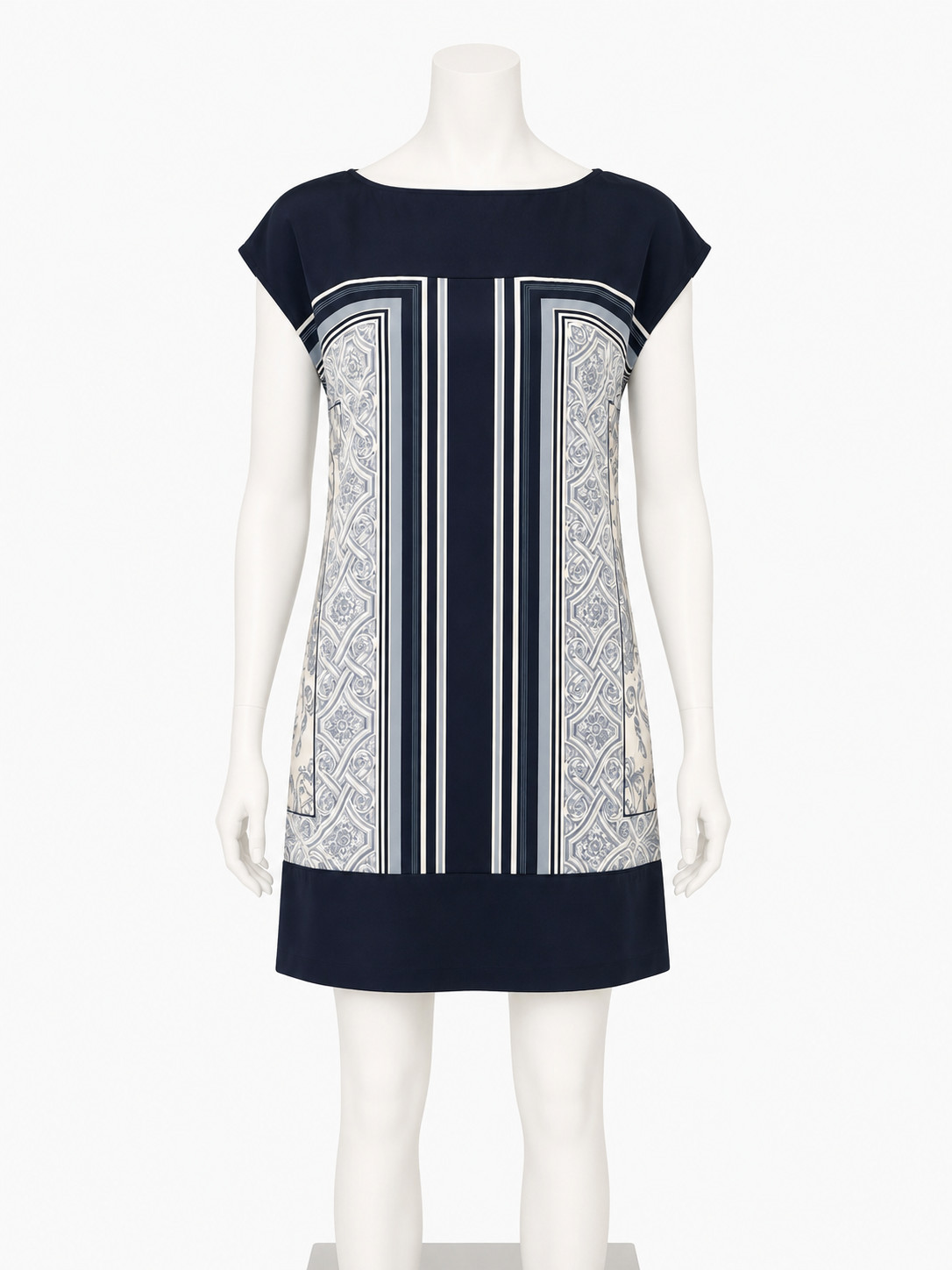 Geometric Handkerchief Print Sleeveless Shift Dress Black Ivory Grey Size 4