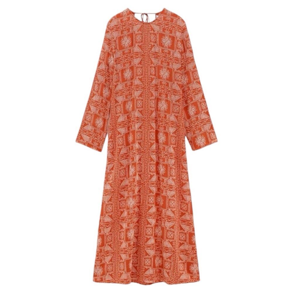 Zara Tunic Maxi Dress All Over Embroidered Pattern Orange Size L