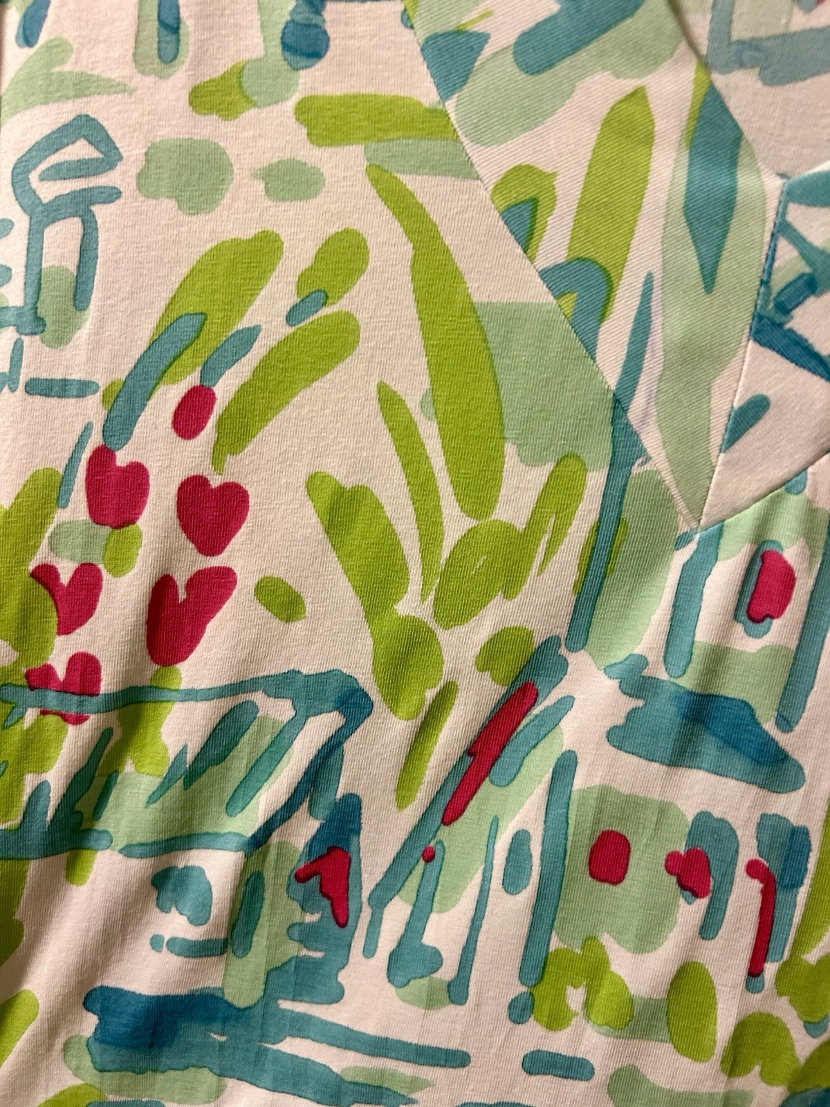 BARBARA GERWIT White Aqua Blue Green Pink Dress S Summer Holland Windmill Tulips
