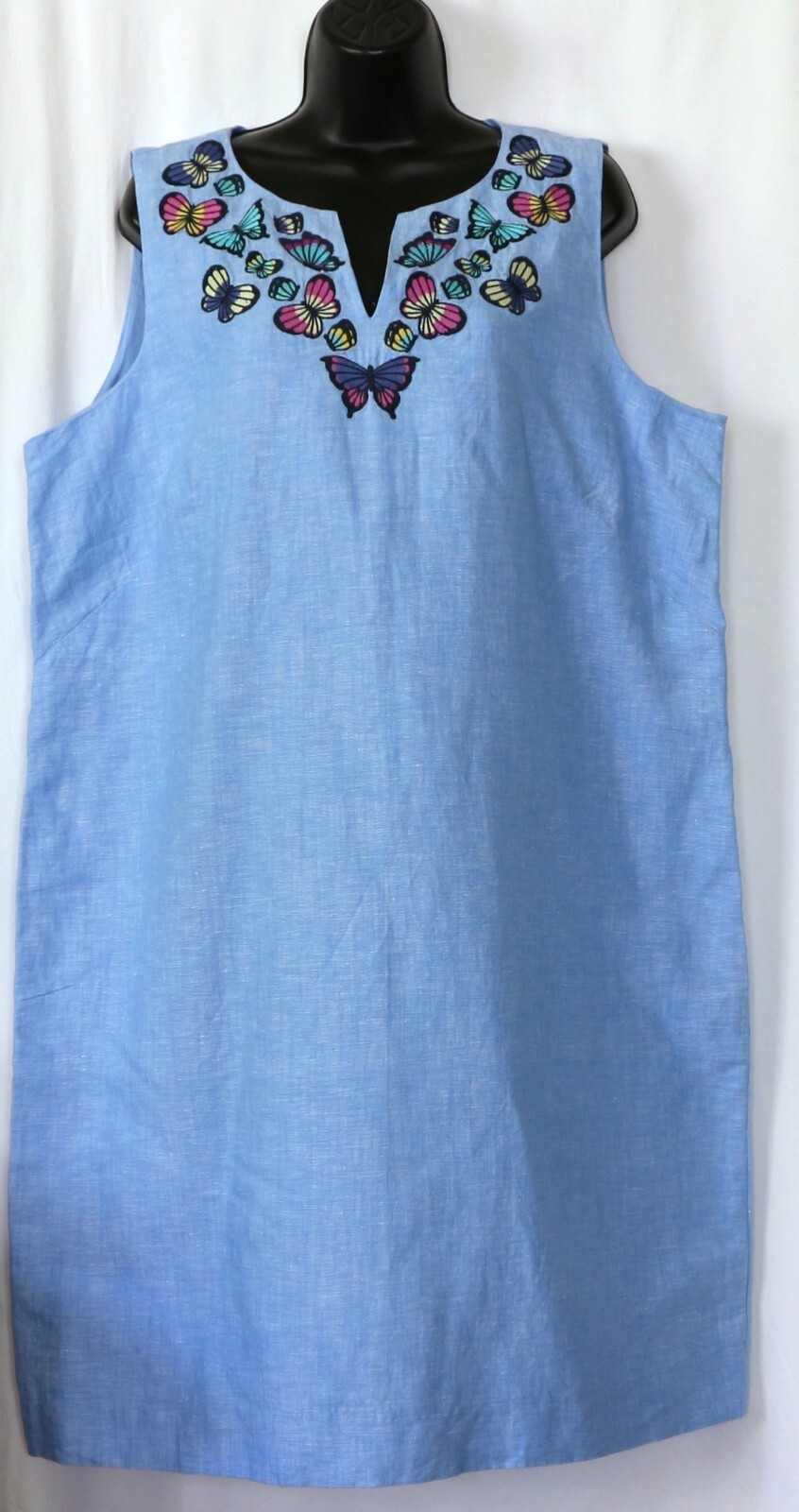 TALBOTS WOMAN Slvlss Blue Lin/Ctn Split Neck Drs 54 In Chst 30 In Lng Sz 14W EXC