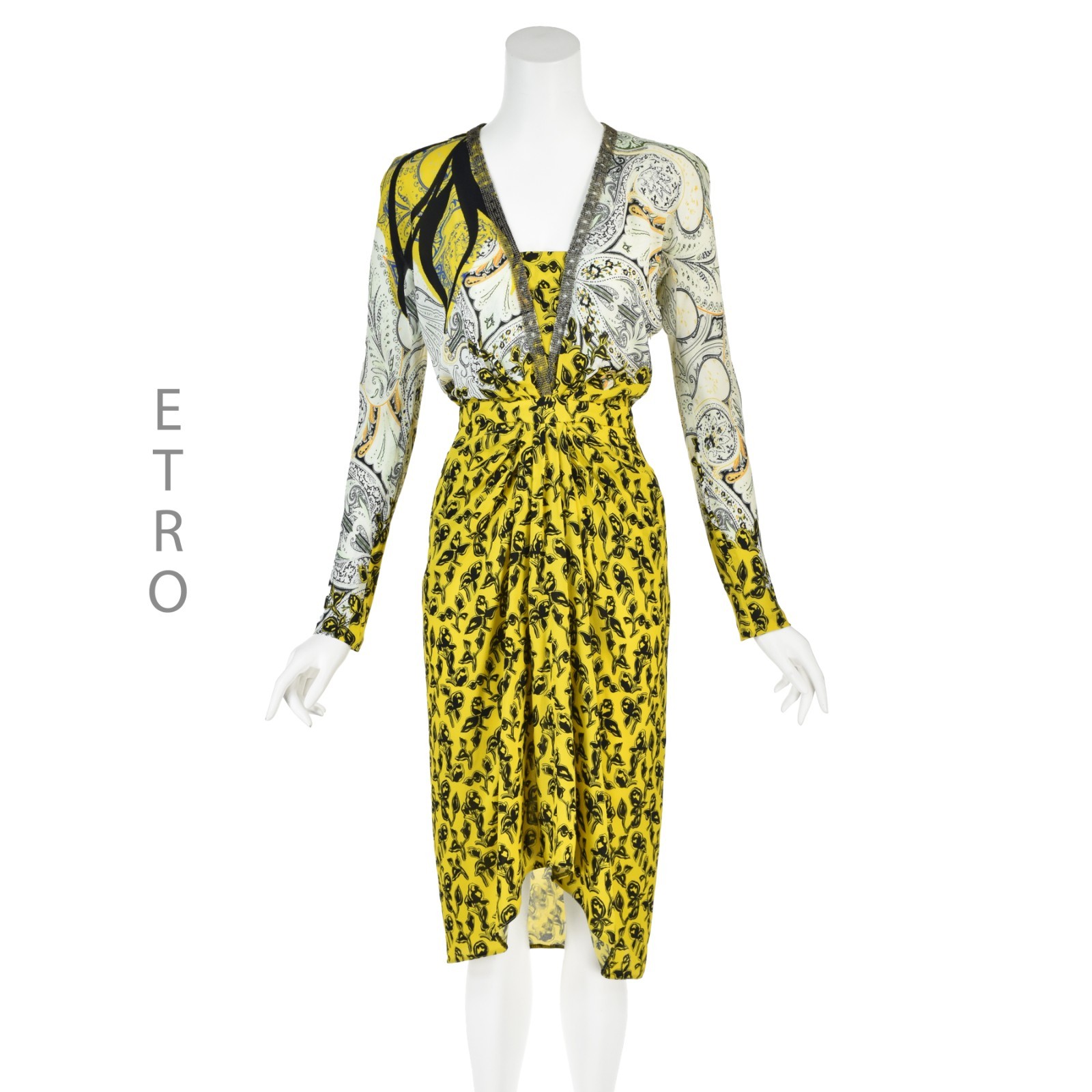 ETRO Yellow and Black Floral and Paisley Midi Dress with Copper Chain Trim, SZ 8