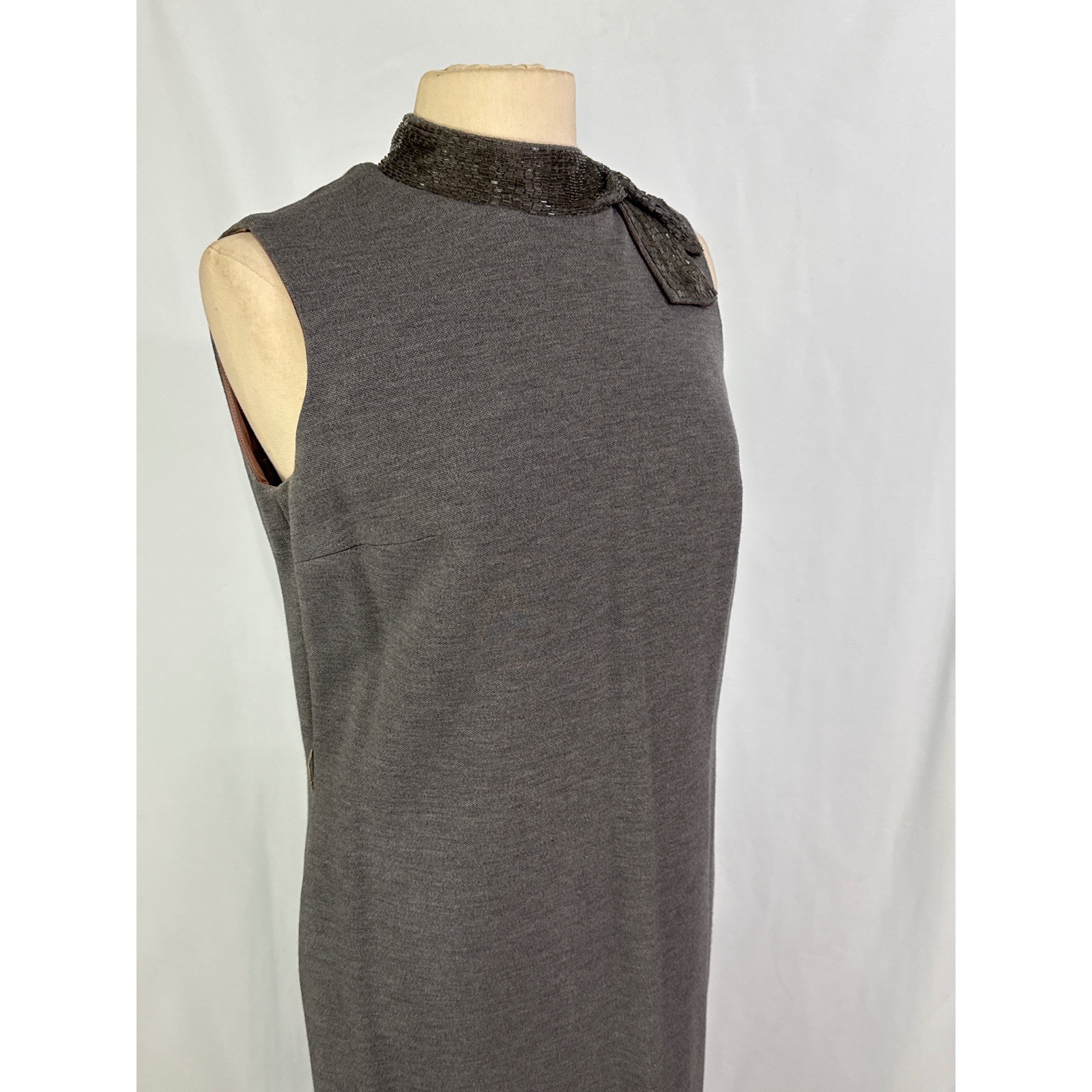 Vintage Grey Sleeveless Knit Sheath Dress Beaded Collar Bow Accent, 38 bust