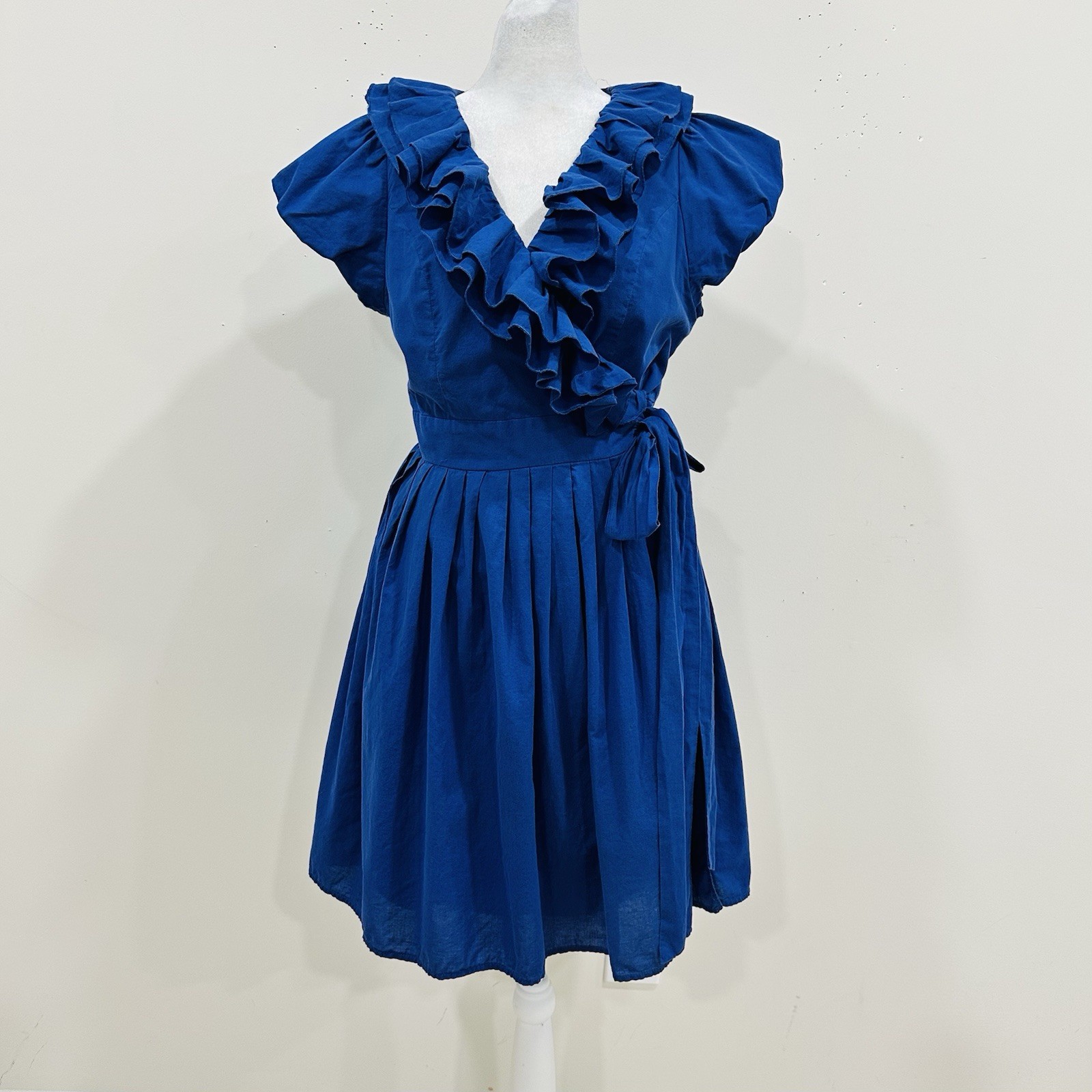 Double Zero Cobalt Blue Ruffle Wrap Dress Pleated Skirt Fit & Flare Size L