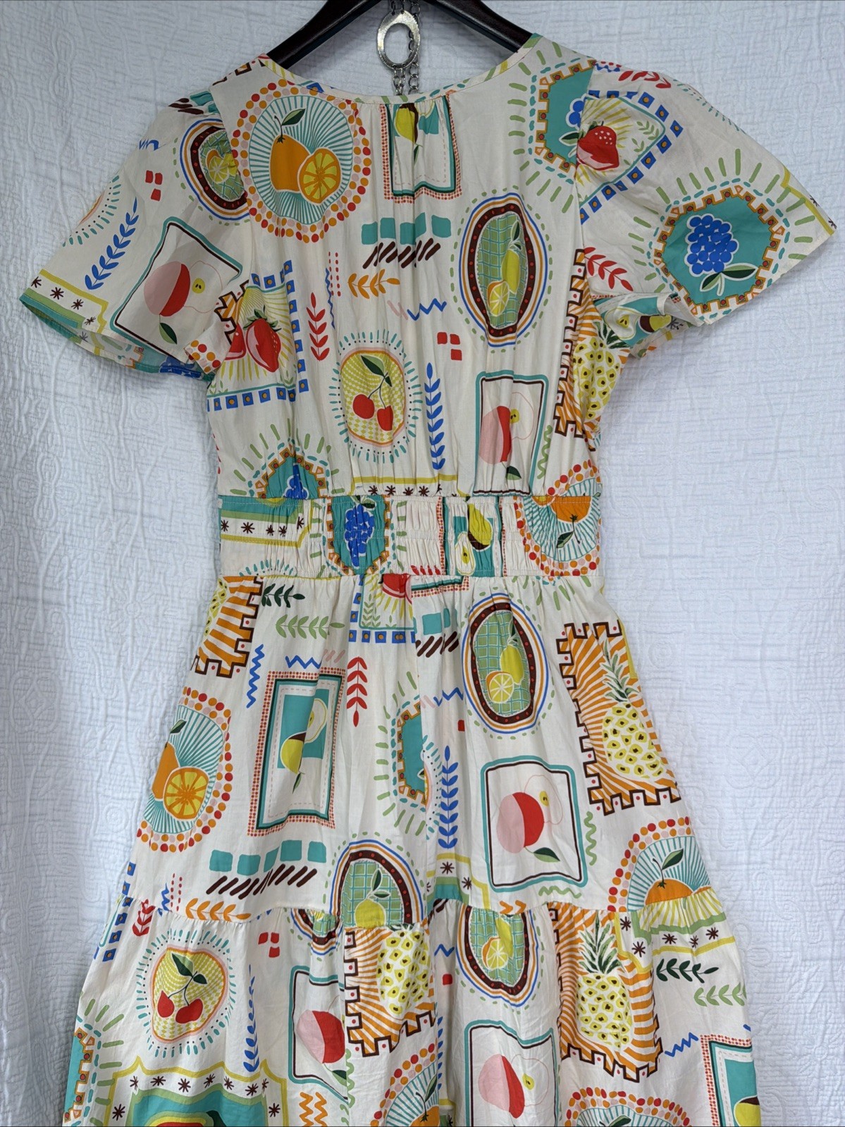 Easel Fruit Print Cotton Tiered Midi Dress Small Short Sleeve Garden Cottagecore