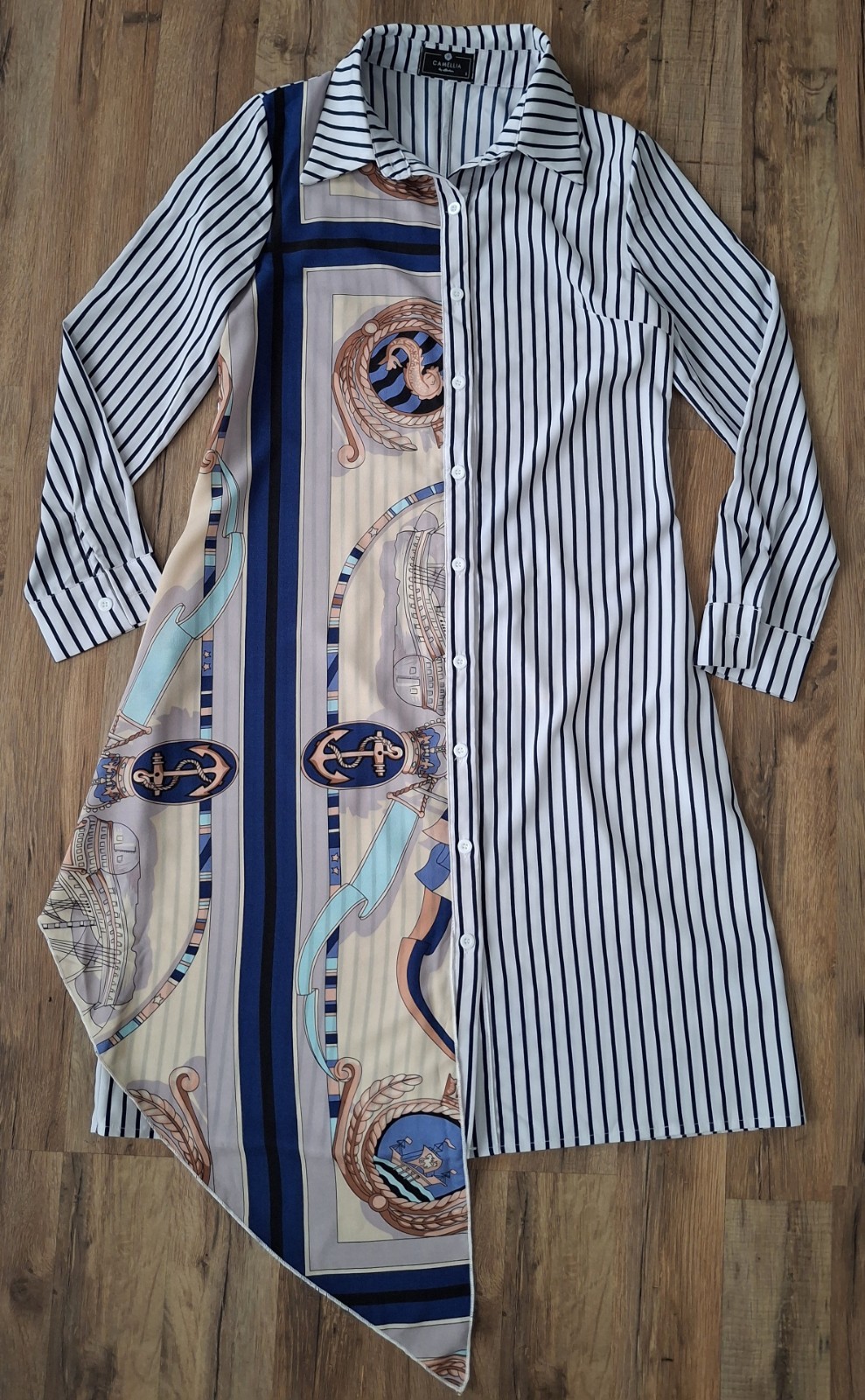 CAMELLIA By Affection Blue White Striped Multi Color Shirt Dress Nautical Small