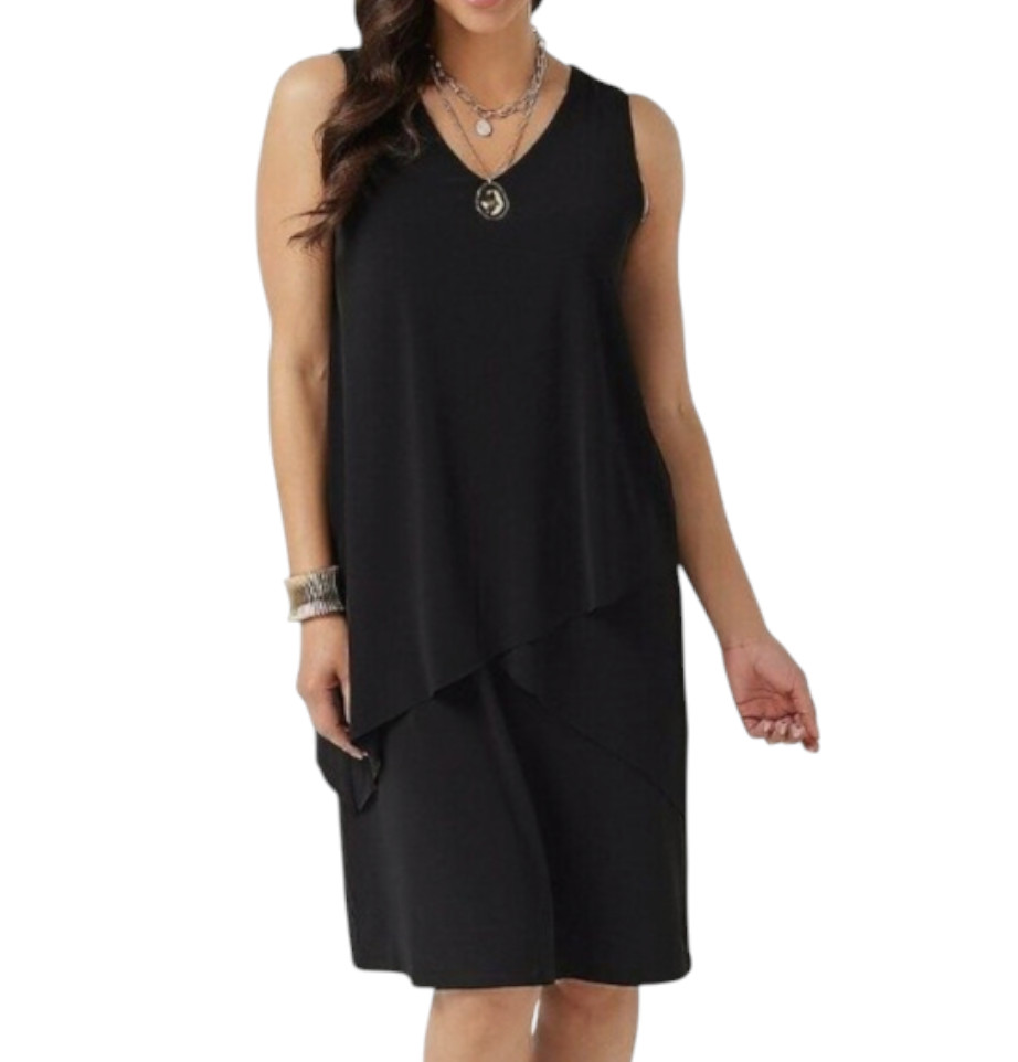 SUSAN GRAVER Liquid Knit BLACK TANK MIDI DRESS Asymmetric Shift Tiered SZ L