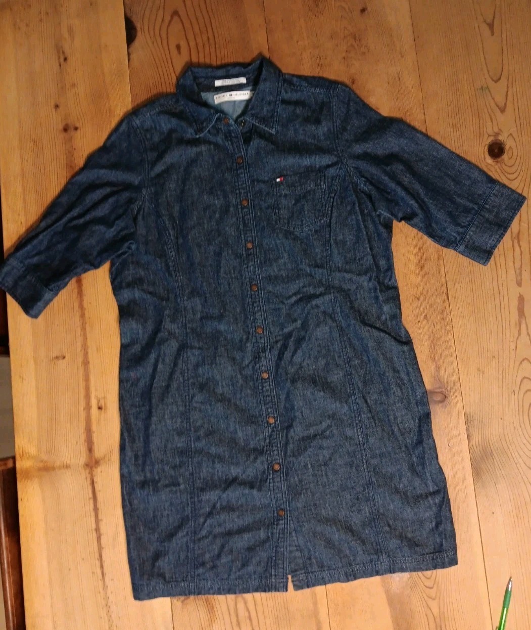 VTG Tommy Hilfiger Woman 16 Dark Wash Denim Shirt Dress Snap Up 90s Workwear