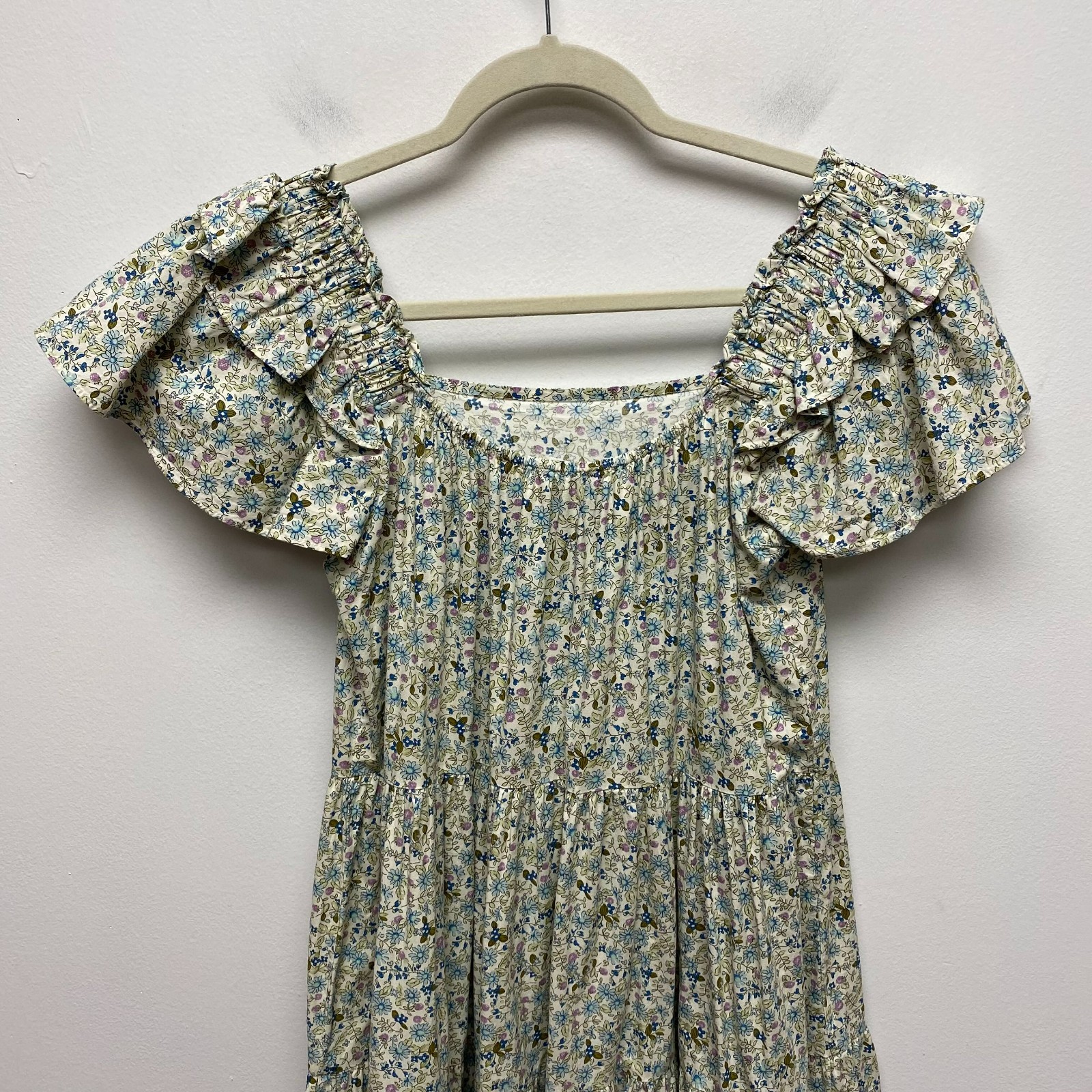 Mable Womens Beige Ditsy Floral Square Neck Ruffle Sleeve Tiered Midi Sundress S