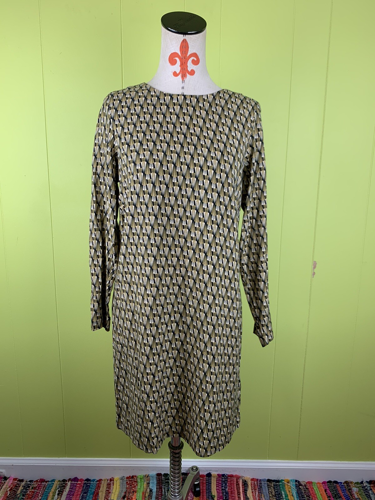 H&M Women’s Shift Dress 6 Geom Print Long Sleeve Viscose 100% Brown Black White