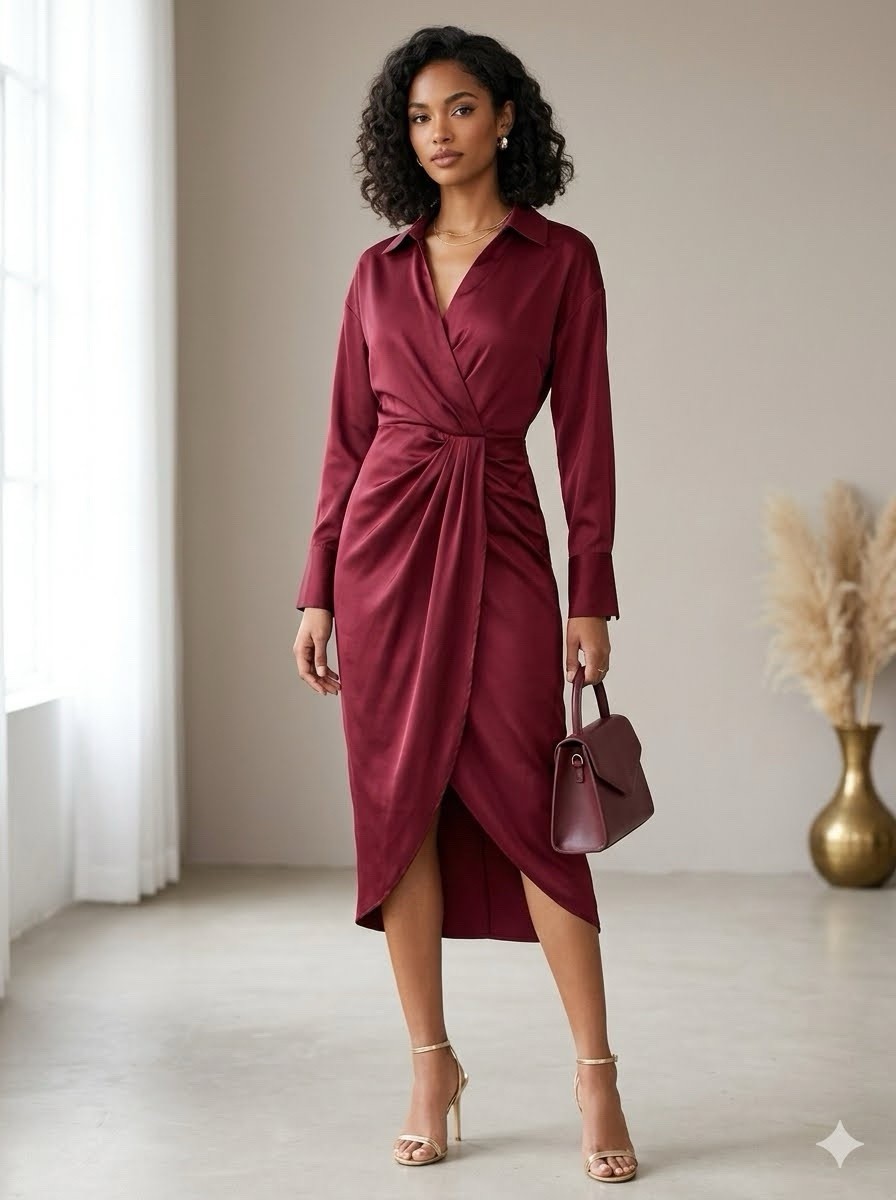 Vici Burgundy Satin Twist-Waist Midi Dress Size Xs