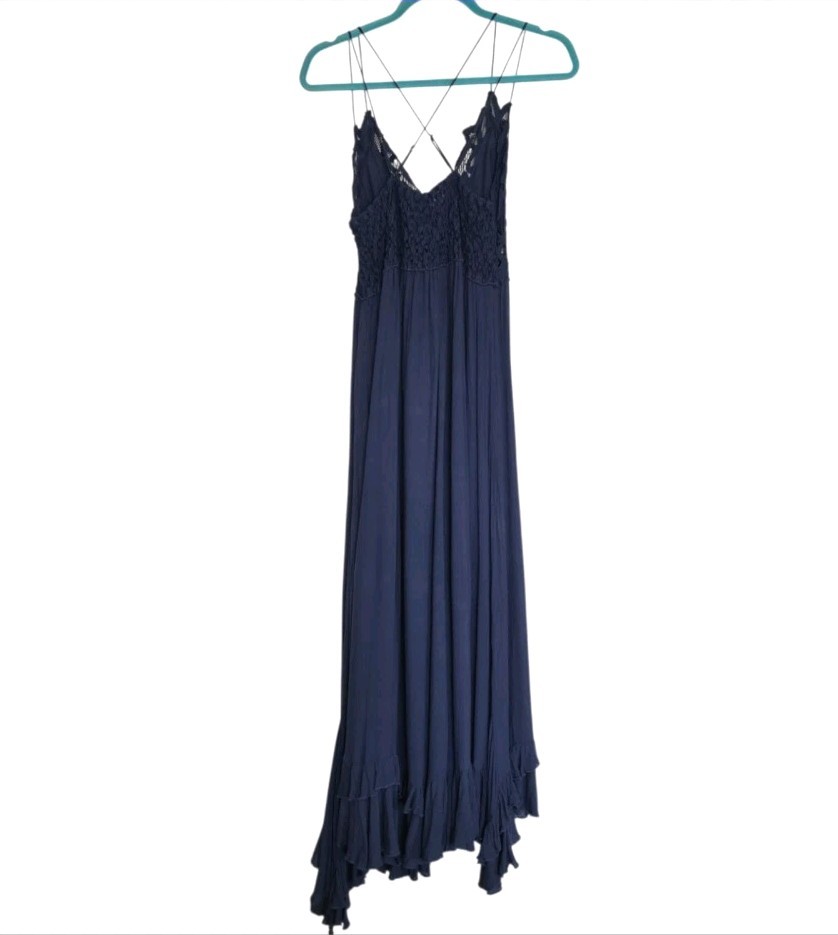Free People FP One Adella Boho Maxi Slip Dress Womens Large Blue Ruffle Strappy