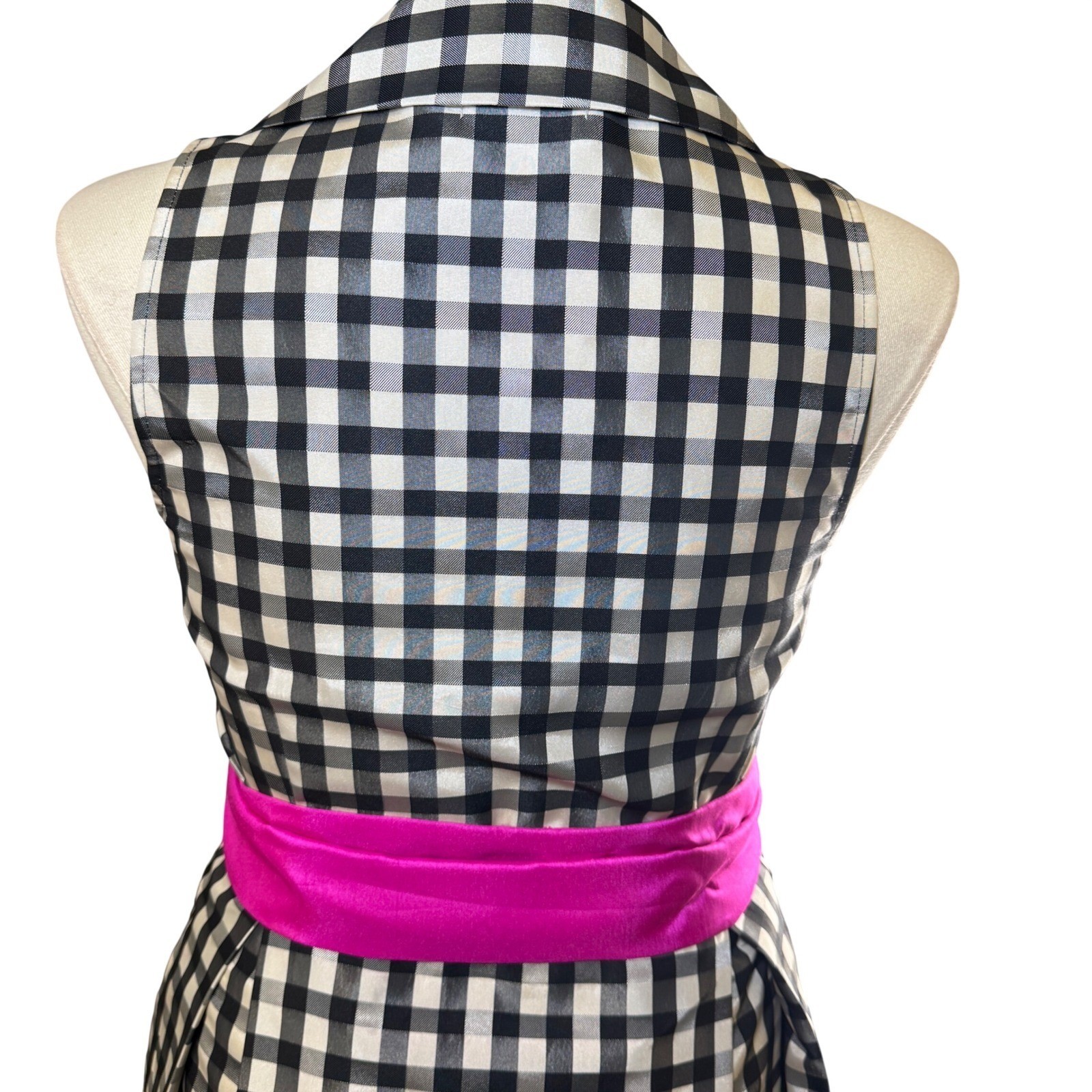 Eliza J Gingham Maxi Dress Black White Check Pink Sash Sleeveless Formal 10